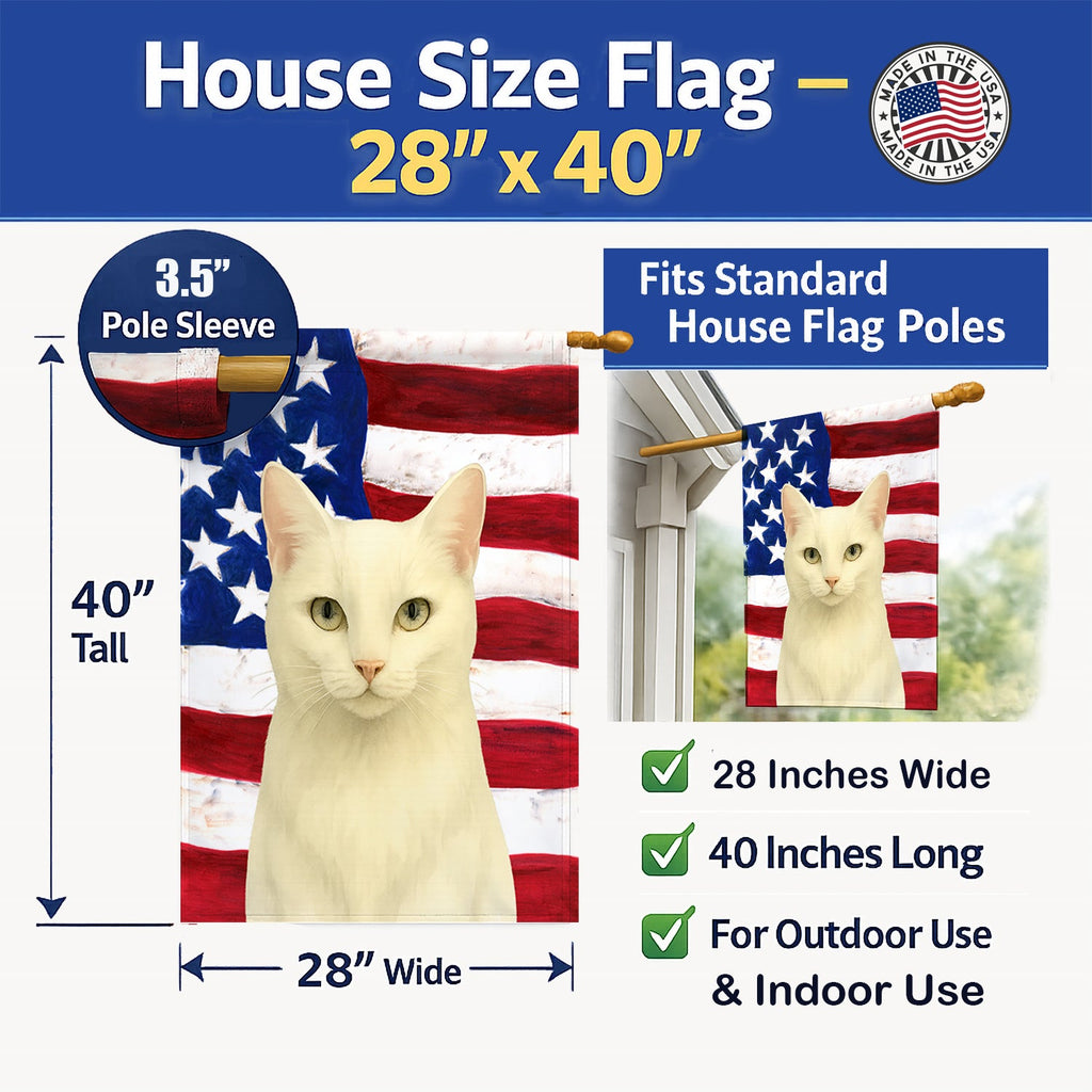 White Cat American House Flag 28x40 Porch Sleeve Pole Decorative Outside Yard Banner Artwork Wall Hanging, Polyester