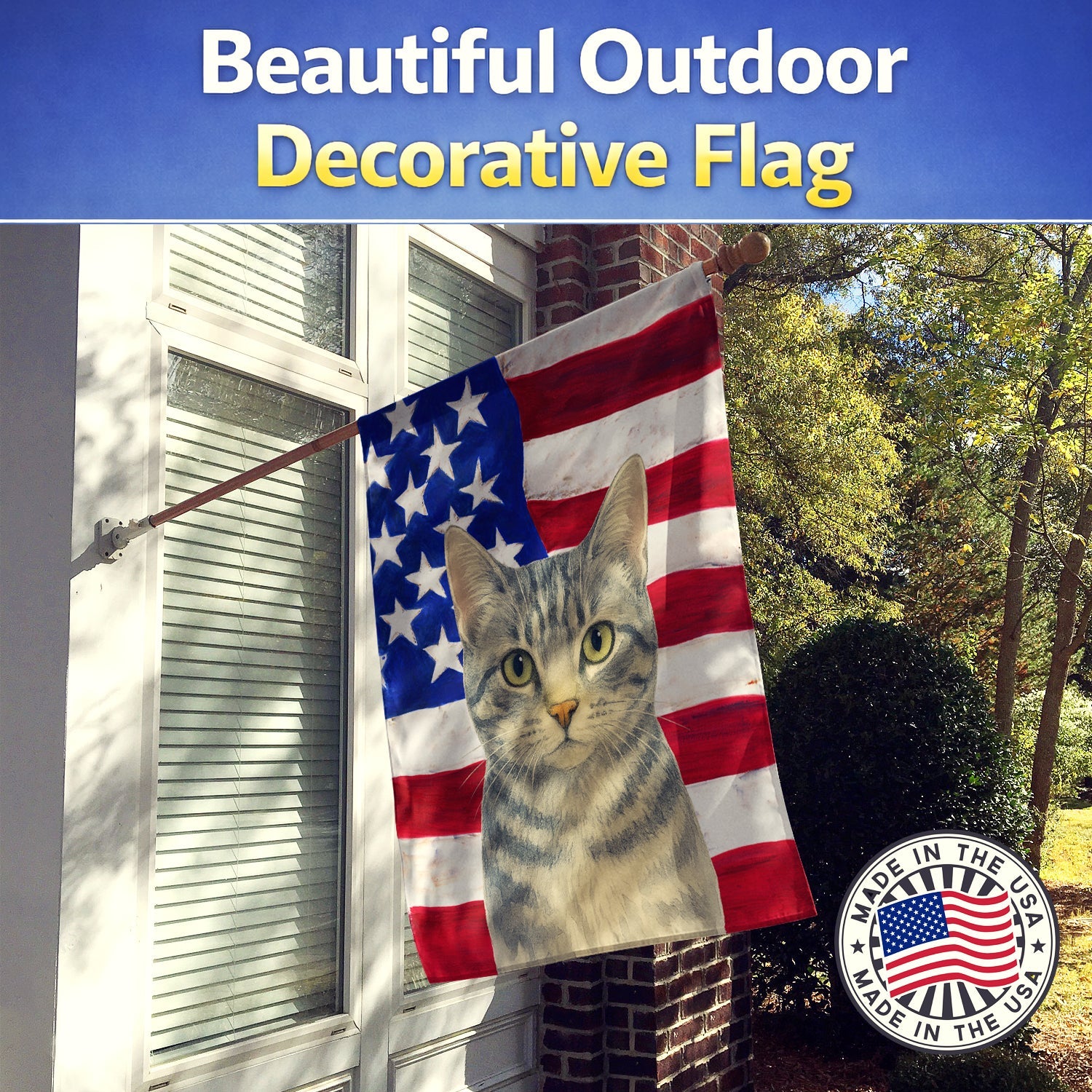 Gray Mackerel Cat American House Flag 28x40 Porch Sleeve Pole Decorative Outside Yard Banner Artwork Wall Hanging, Polyester