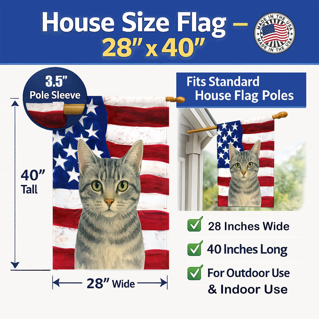 Gray Mackerel Cat American House Flag 28x40 Porch Sleeve Pole Decorative Outside Yard Banner Artwork Wall Hanging, Polyester