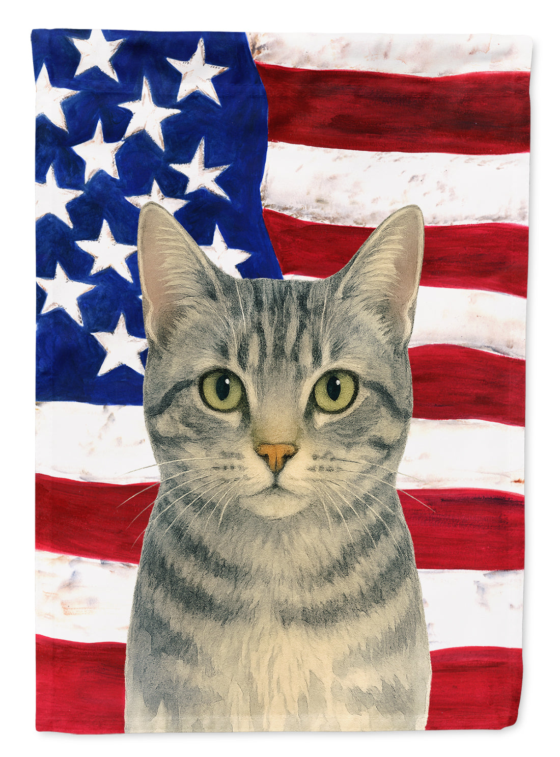Gray Mackerel Cat American House Flag 28x40 Porch Sleeve Pole Decorative Outside Yard Banner Artwork Wall Hanging, Polyester