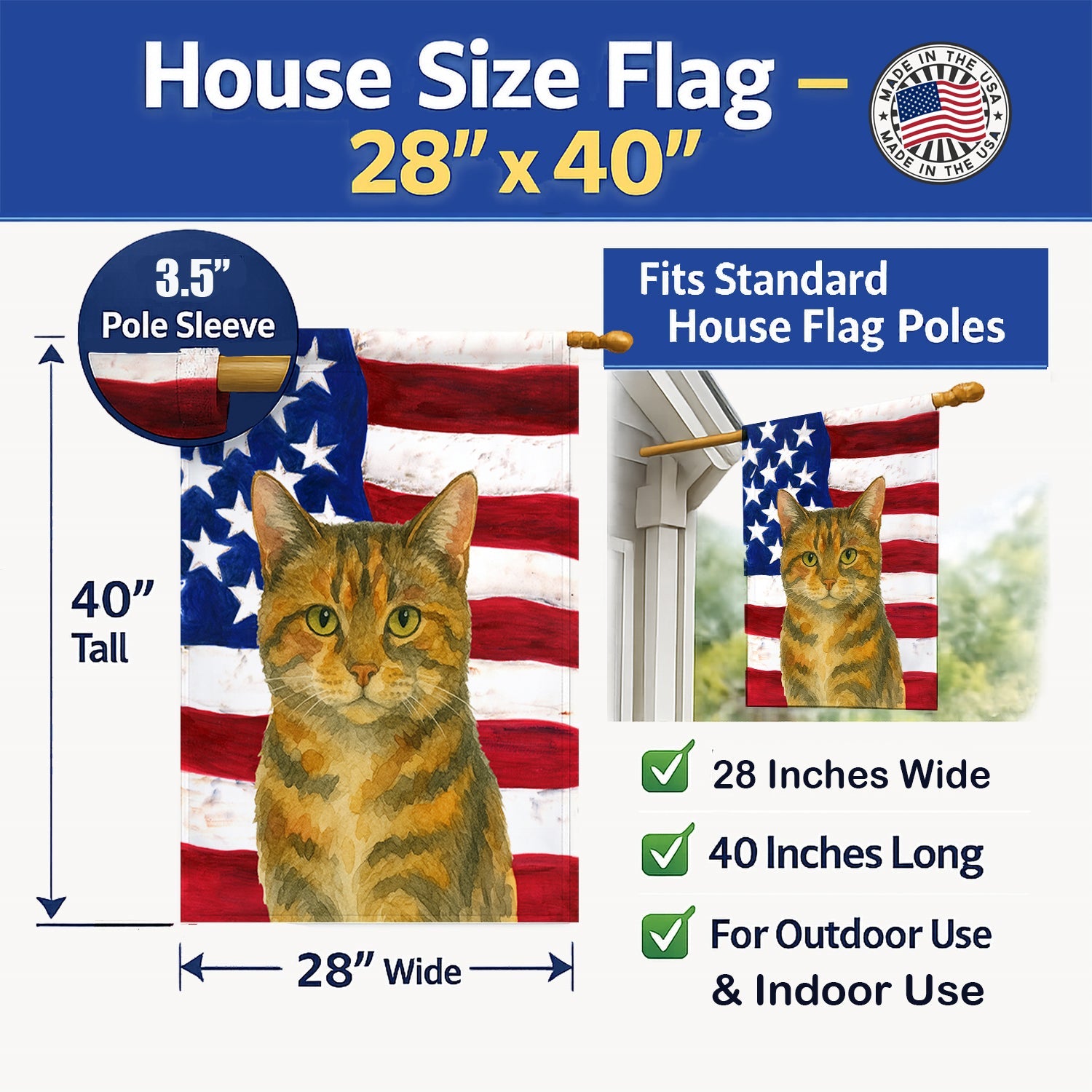 Patched Tabby Cat American House Flag 28x40 Porch Sleeve Pole Decorative Outside Yard Banner Artwork Wall Hanging, Polyester