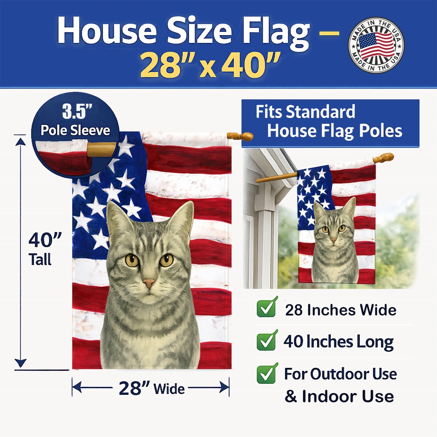 Silver Classic Tabby Cat American House Flag 28x40 Porch Sleeve Pole Decorative Outside Yard Banner Artwork Wall Hanging, Polyester