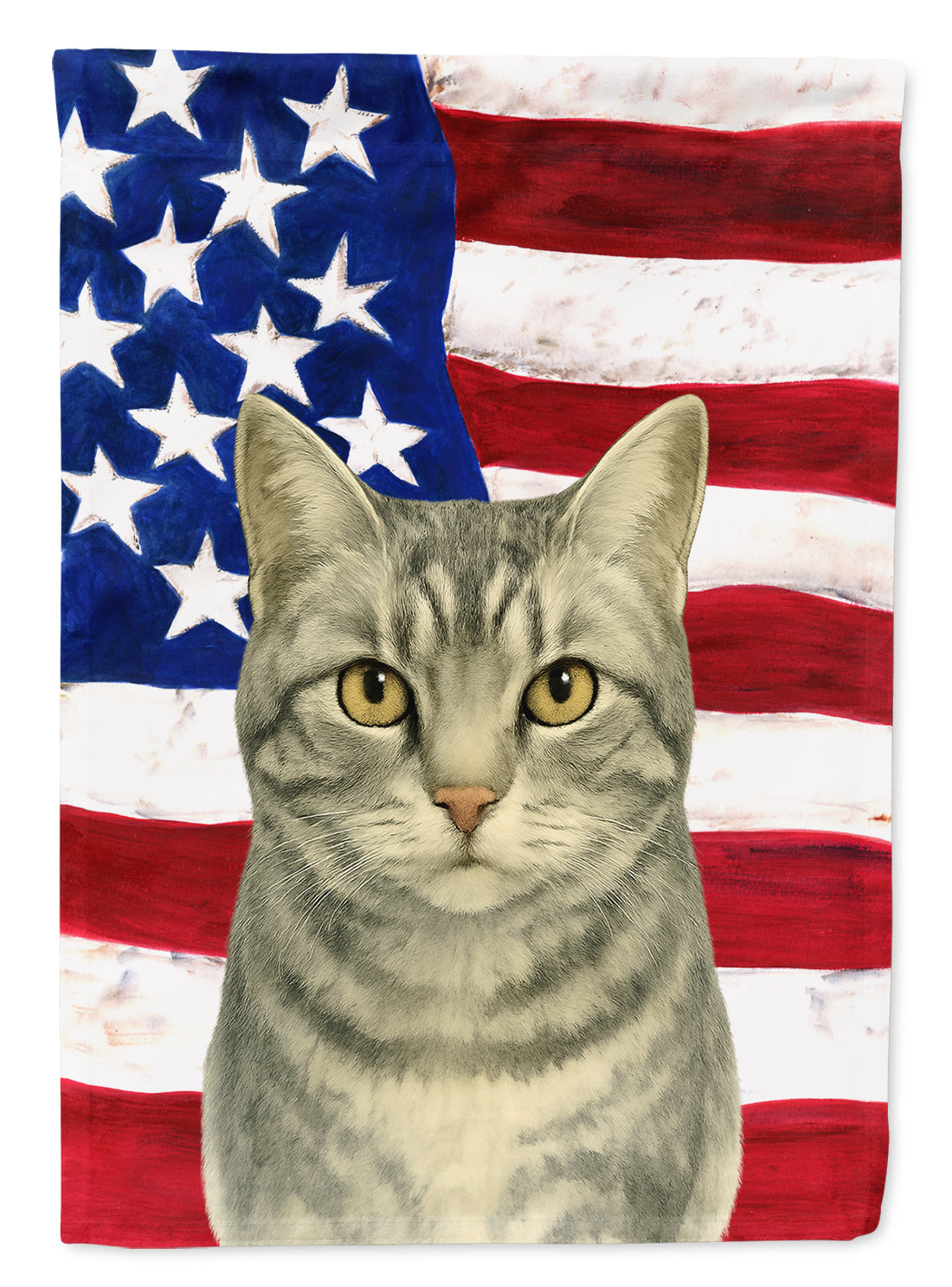 Silver Classic Tabby Cat American House Flag 28x40 Porch Sleeve Pole Decorative Outside Yard Banner Artwork Wall Hanging, Polyester