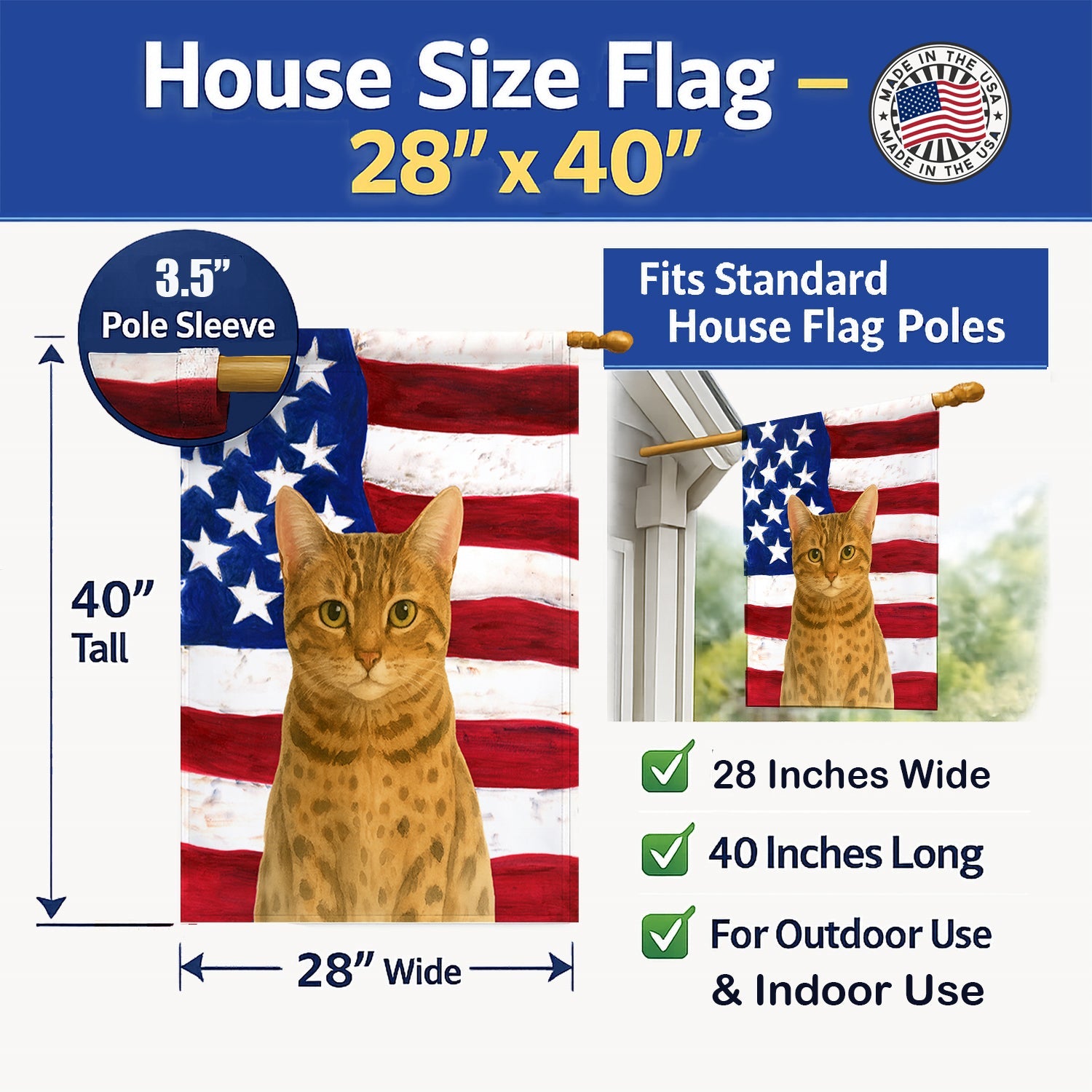 Spotted Brown Tabby Cat American House Flag 28x40 Porch Sleeve Pole Decorative Outside Yard Banner Artwork Wall Hanging, Polyester