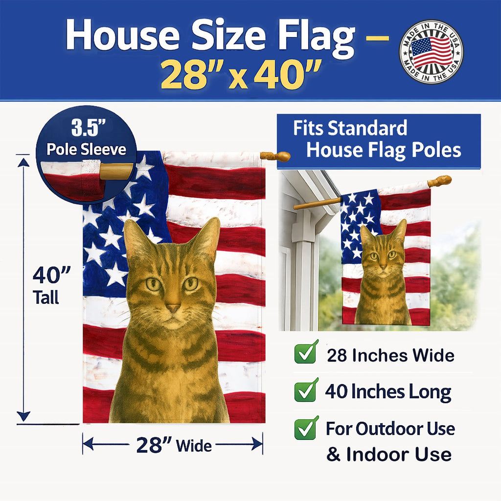 Brown Tabby Cat American House Flag 28x40 Porch Sleeve Pole Decorative Outside Yard Banner Artwork Wall Hanging, Polyester
