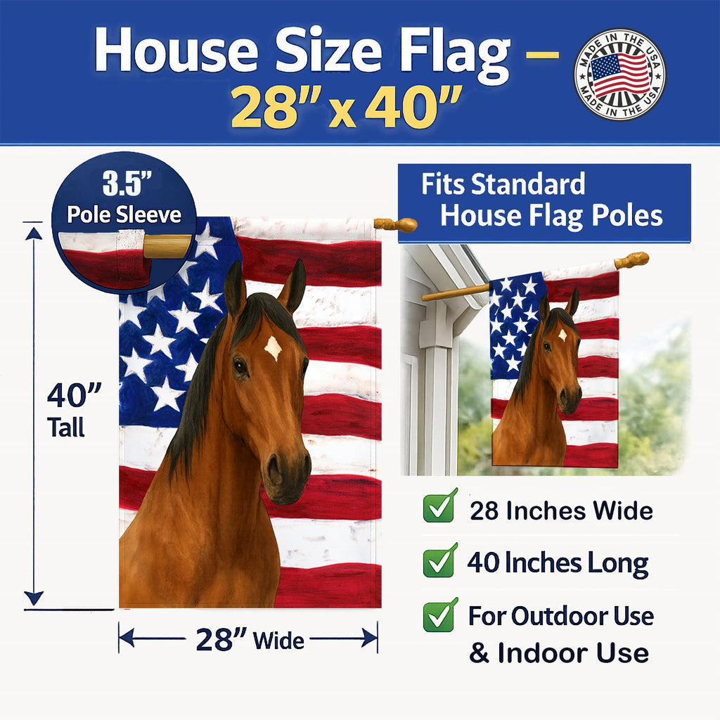 Bay Quarter Horse American House Flag 28x40 Porch Sleeve Pole Decorative Outside Yard Banner Artwork Wall Hanging, Polyester
