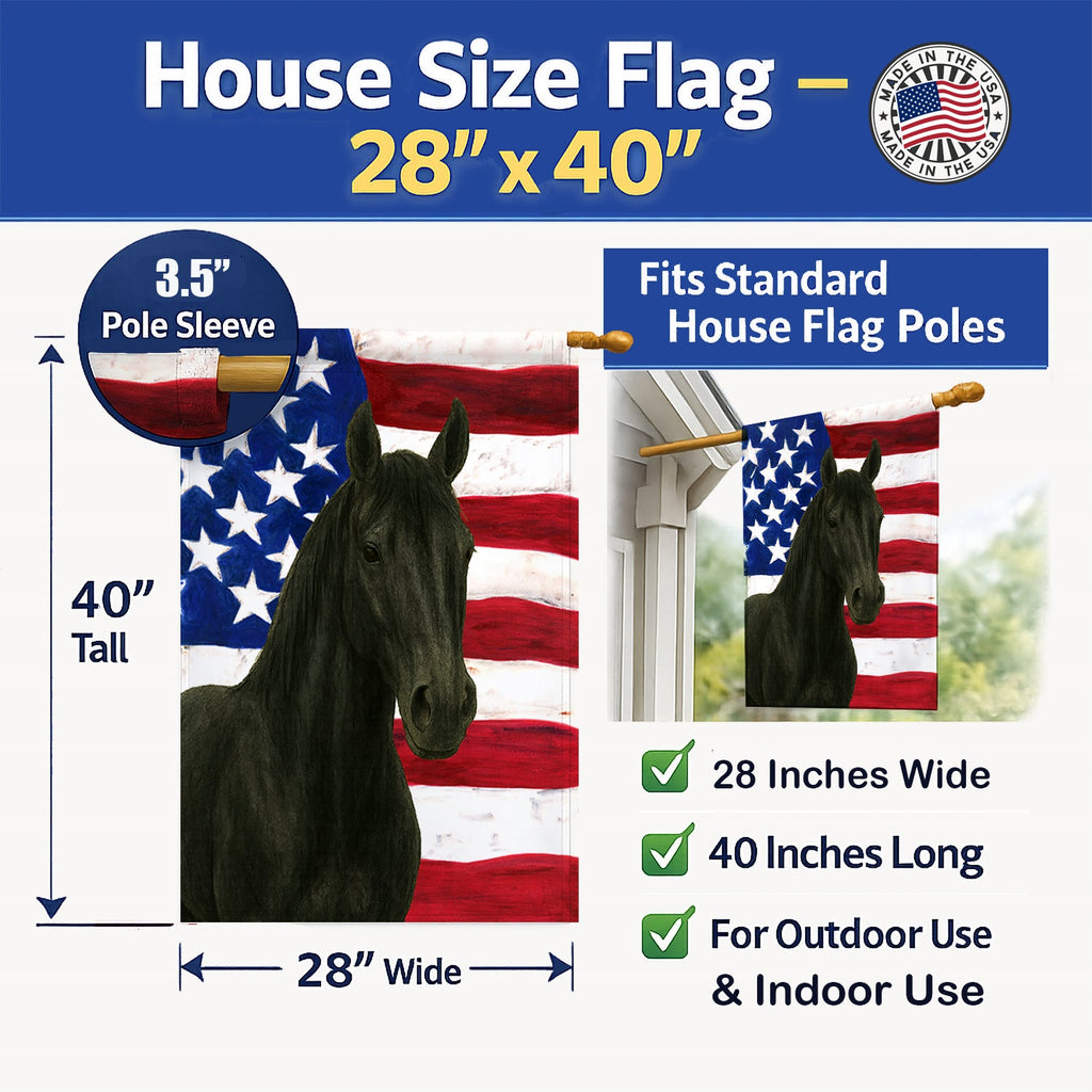 Black Quarter Horse American House Flag 28x40 Porch Sleeve Pole Decorative Outside Yard Banner Artwork Wall Hanging, Polyester