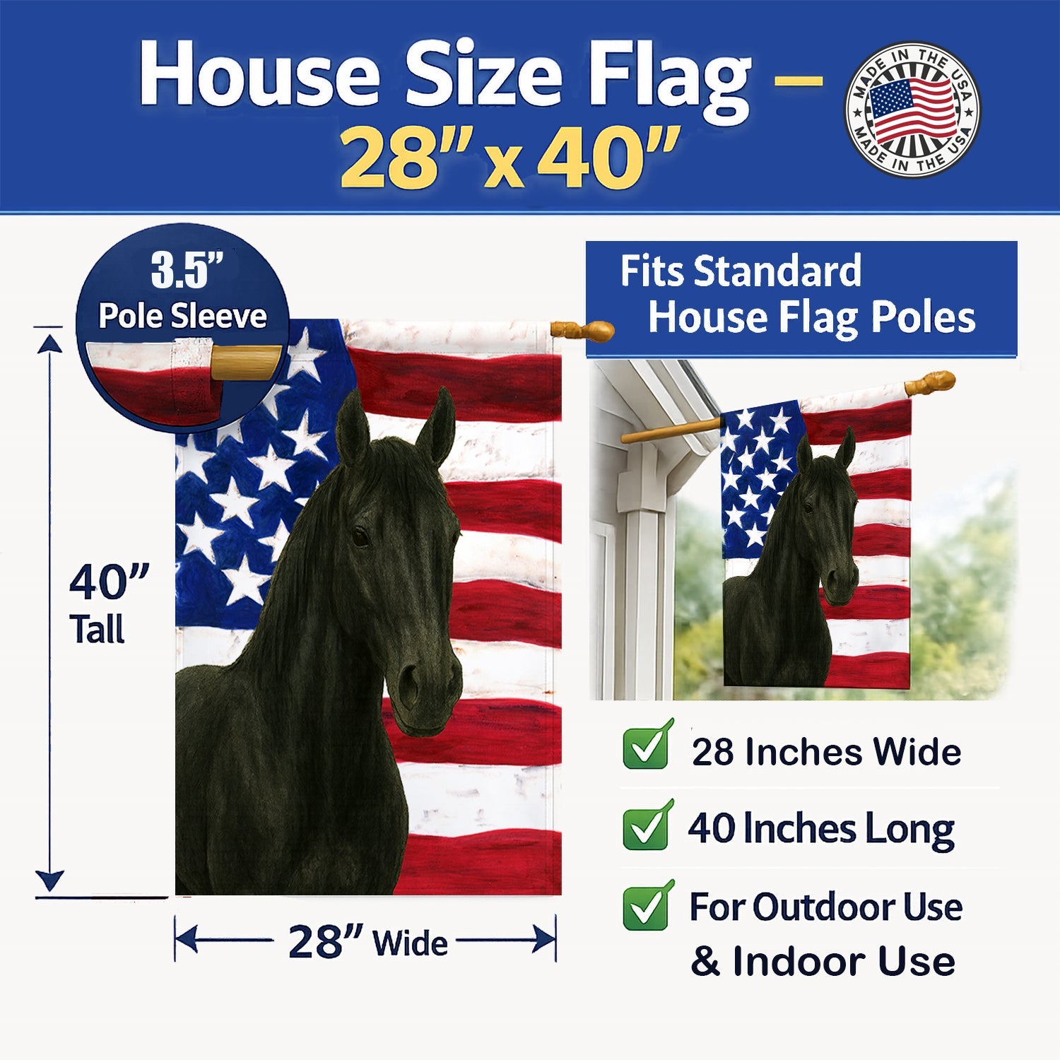 Black Quarter Horse American House Flag 28x40 Porch Sleeve Pole Decorative Outside Yard Banner Artwork Wall Hanging, Polyester