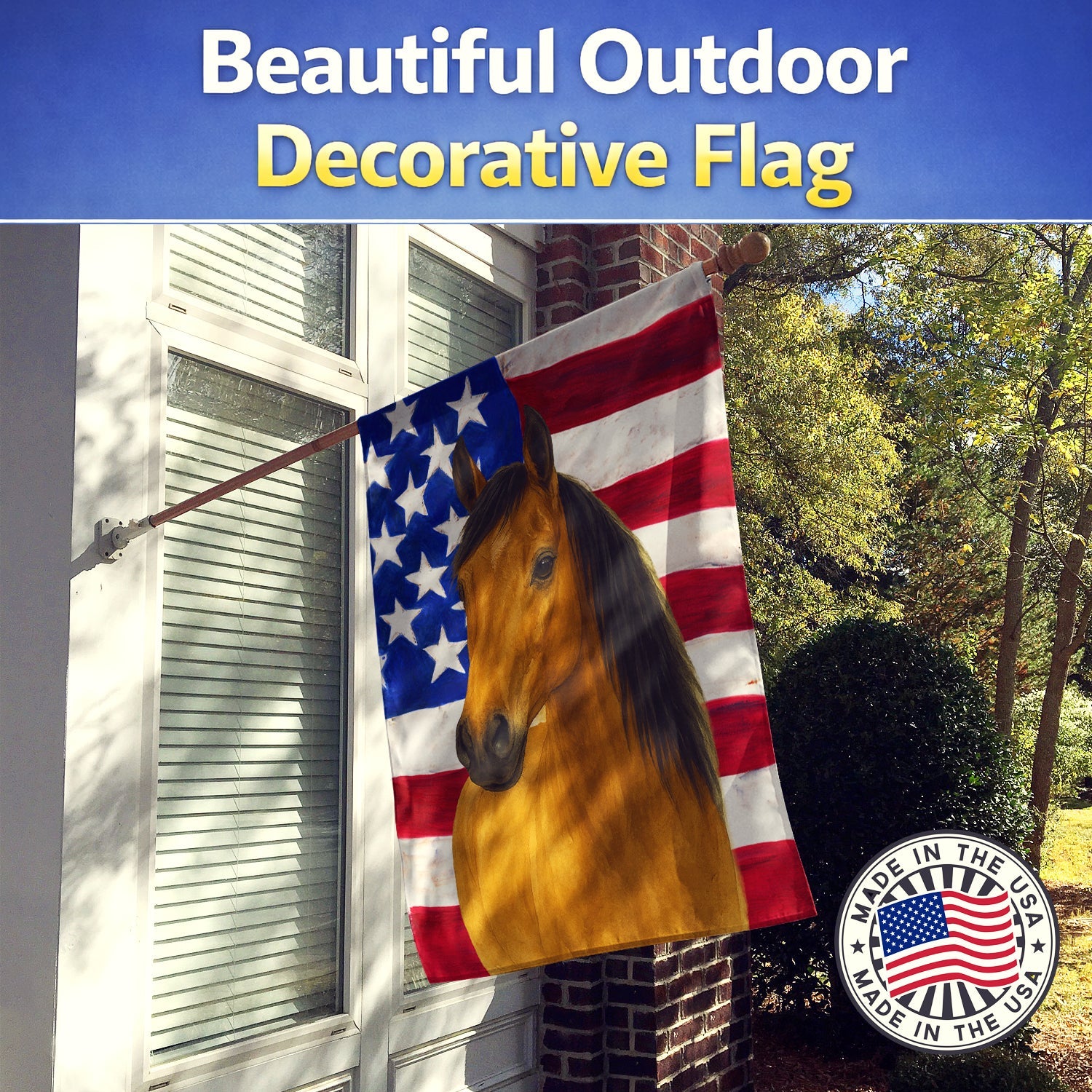 Buckskin Quarter Horse American House Flag 28x40 Porch Sleeve Pole Decorative Outside Yard Banner Artwork Wall Hanging, Polyester