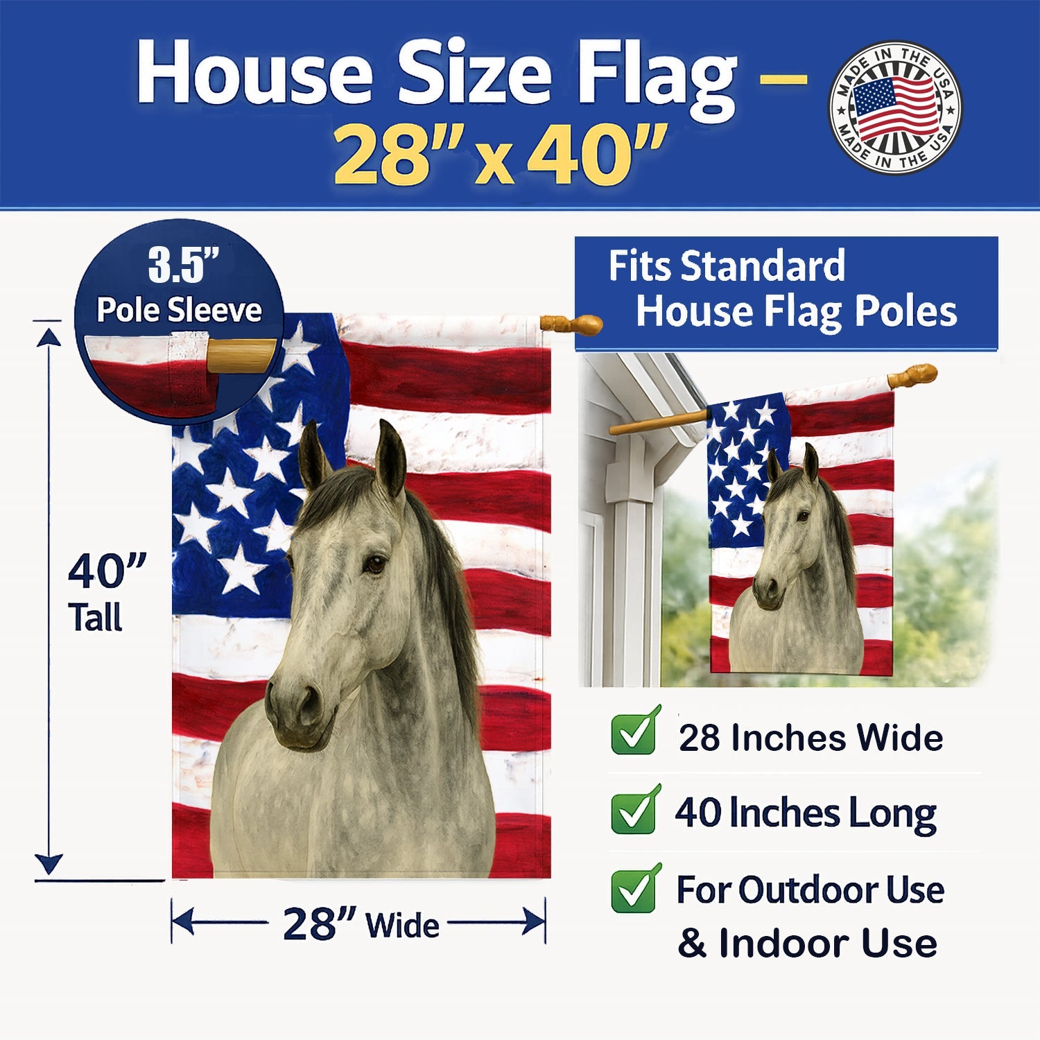 Gray Quarter Horse American House Flag 28x40 Porch Sleeve Pole Decorative Outside Yard Banner Artwork Wall Hanging, Polyester