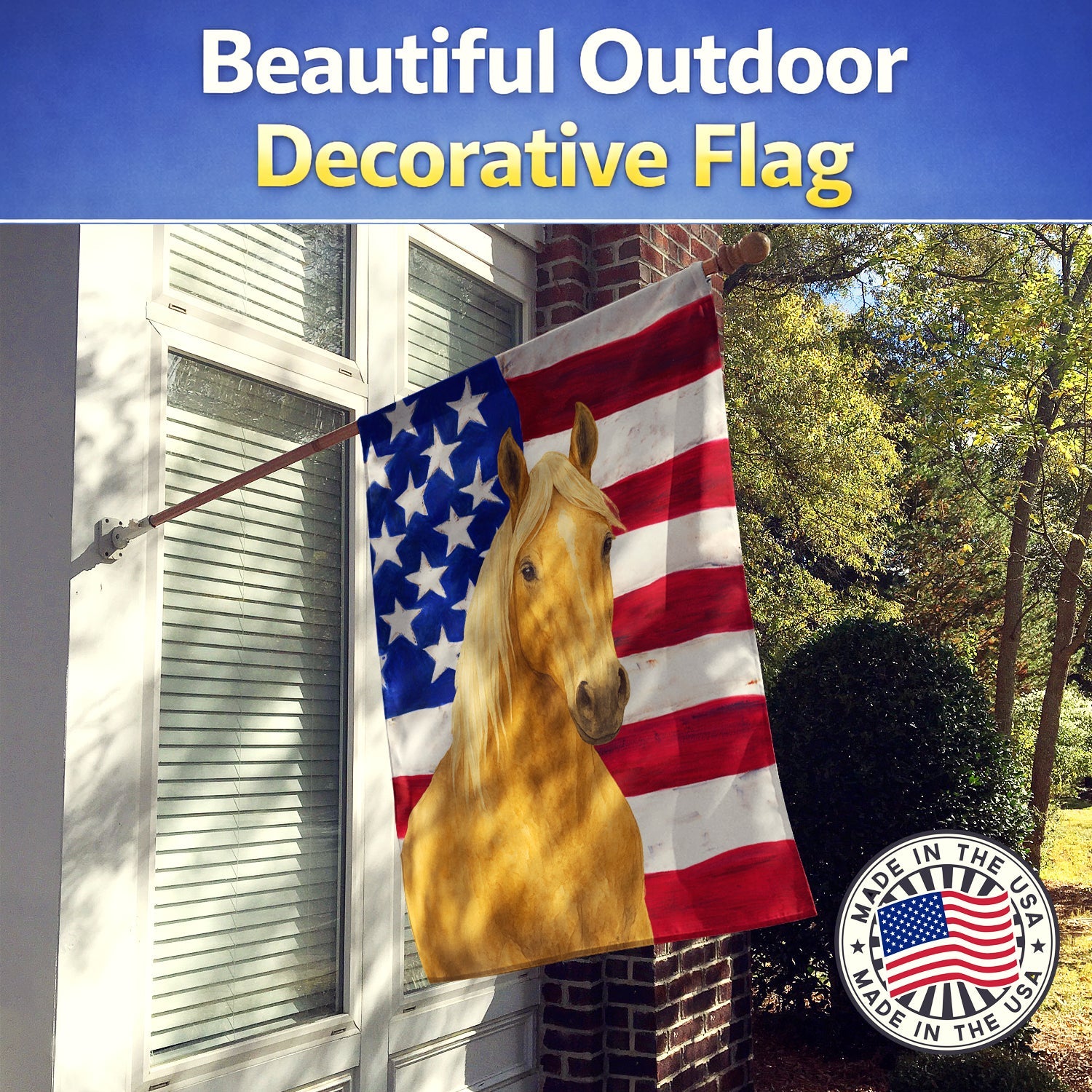 Palomino Quarter Horse American House Flag 28x40 Porch Sleeve Pole Decorative Outside Yard Banner Artwork Wall Hanging, Polyester