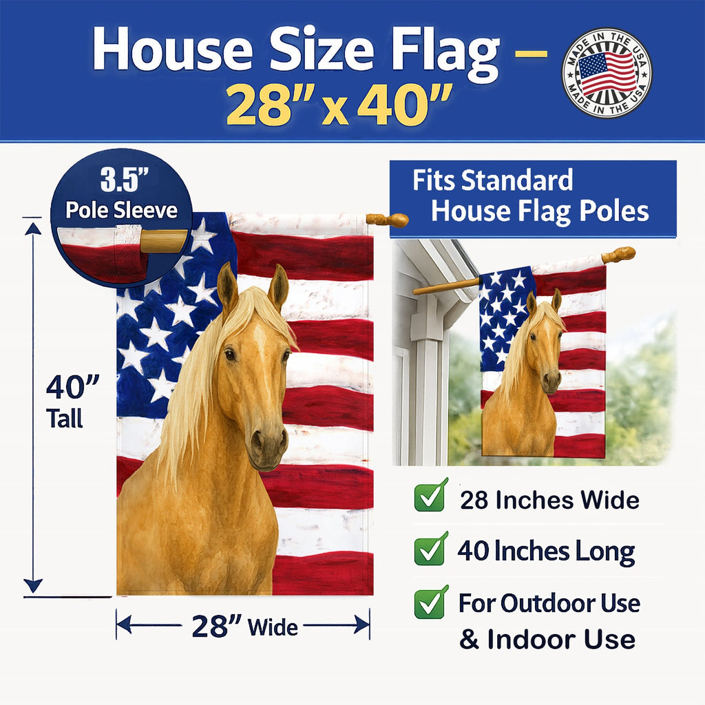 Palomino Quarter Horse American House Flag 28x40 Porch Sleeve Pole Decorative Outside Yard Banner Artwork Wall Hanging, Polyester