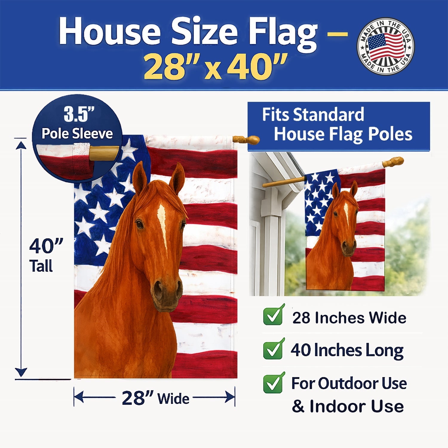 Sorrel Quarter Horse American House Flag 28x40 Porch Sleeve Pole Decorative Outside Yard Banner Artwork Wall Hanging, Polyester