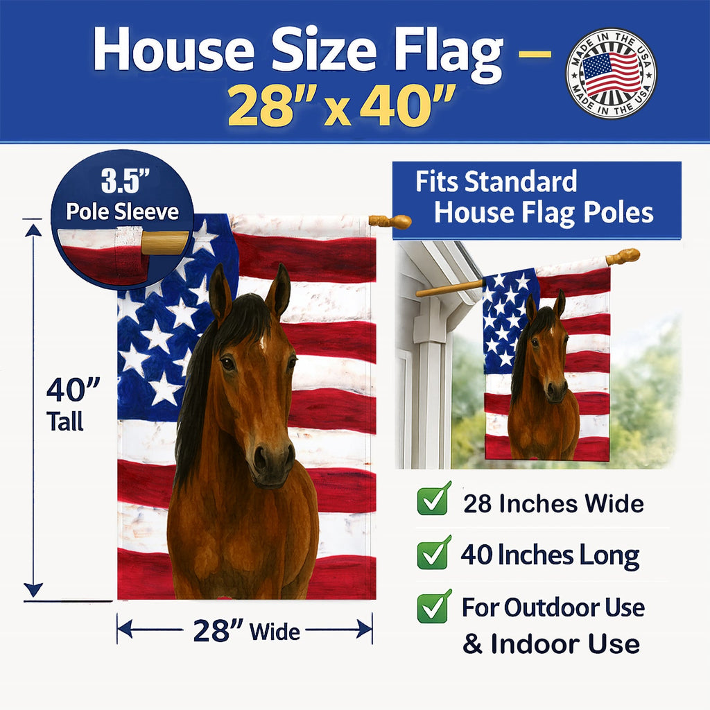 Bay Andalusian Horse American House Flag 28x40 Porch Sleeve Pole Decorative Outside Yard Banner Artwork Wall Hanging, Polyester