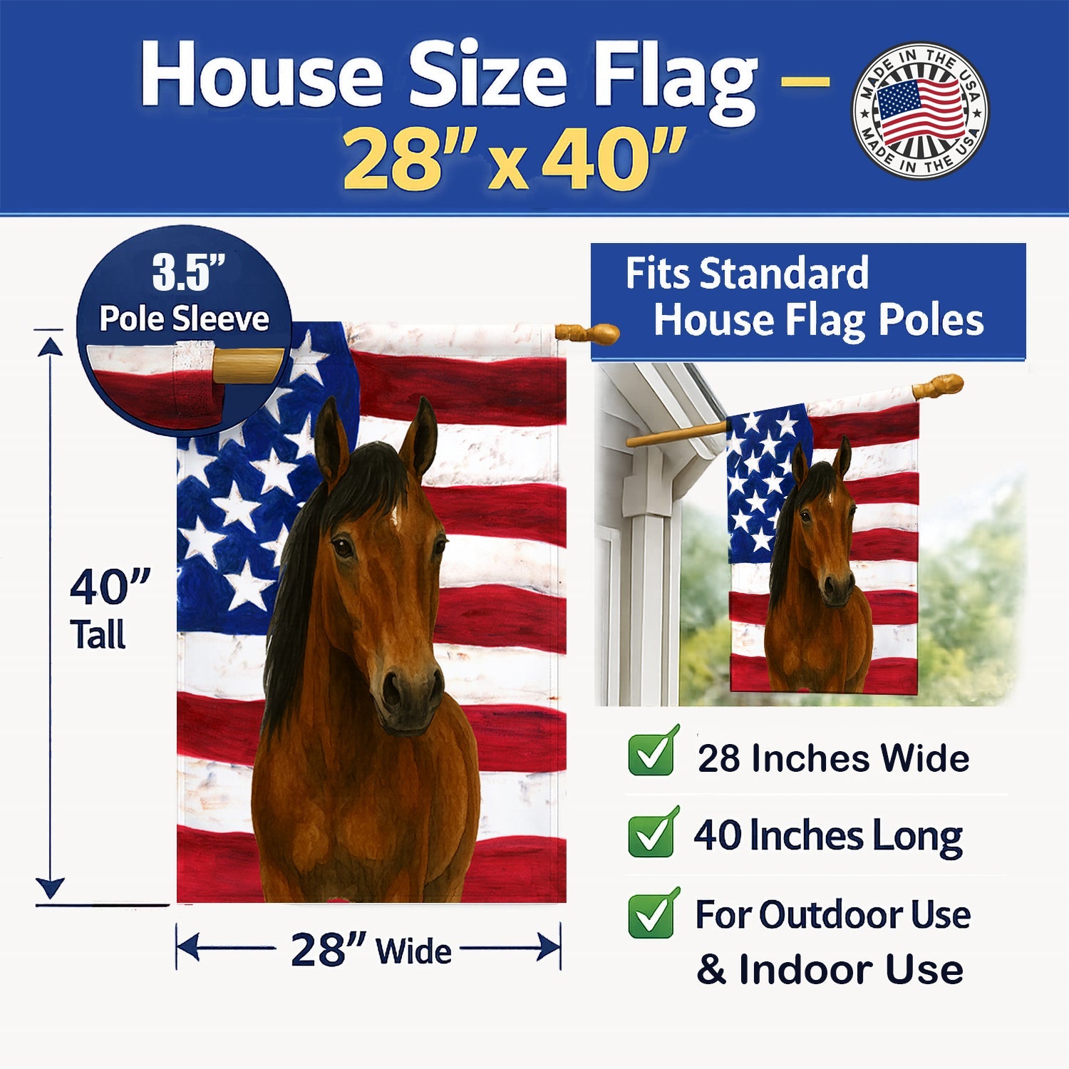 Bay Andalusian Horse American House Flag 28x40 Porch Sleeve Pole Decorative Outside Yard Banner Artwork Wall Hanging, Polyester