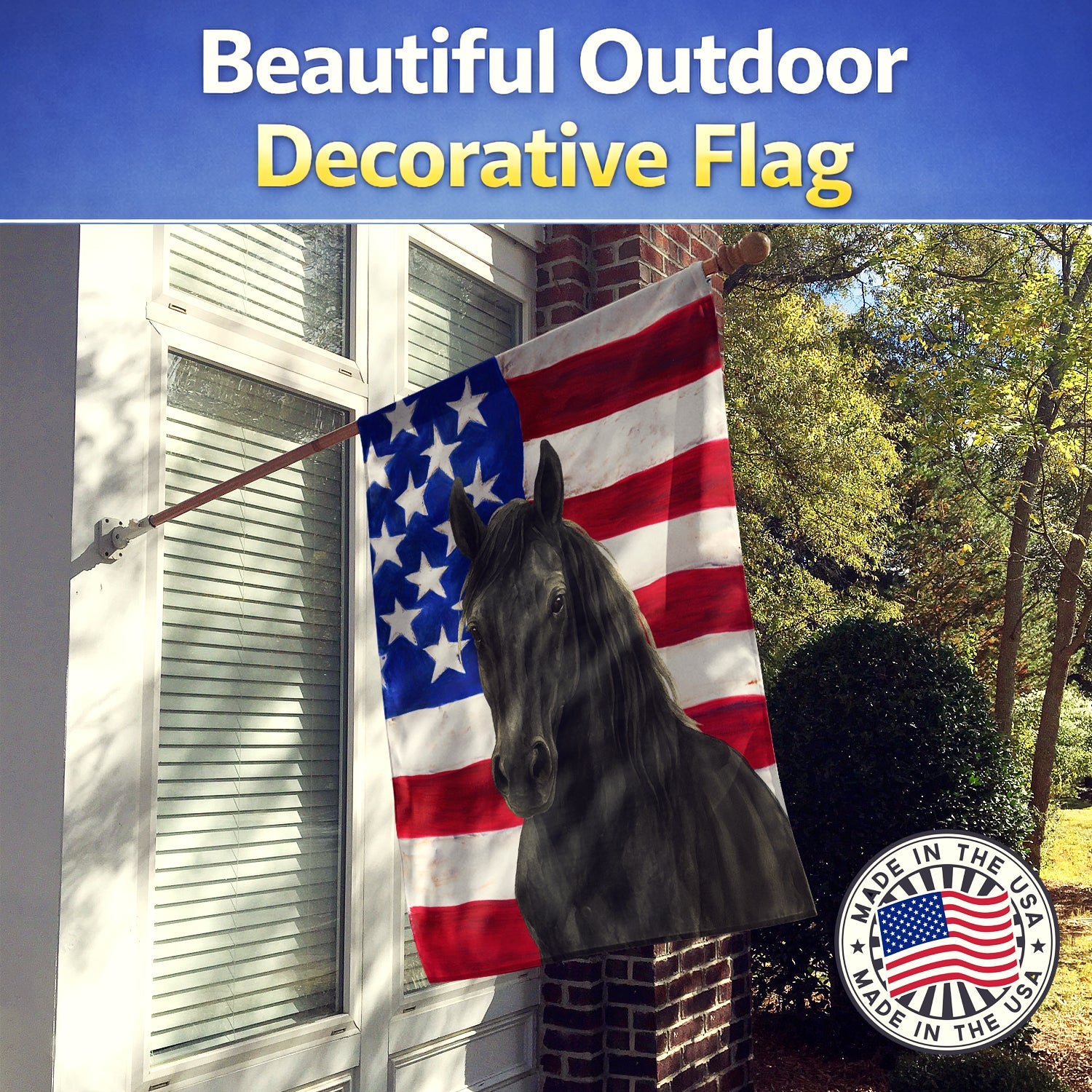 Black Andalusian Horse American House Flag 28x40 Porch Sleeve Pole Decorative Outside Yard Banner Artwork Wall Hanging, Polyester