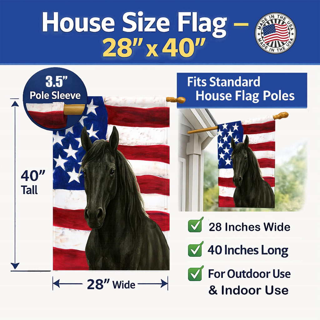 Black Andalusian Horse American House Flag 28x40 Porch Sleeve Pole Decorative Outside Yard Banner Artwork Wall Hanging, Polyester