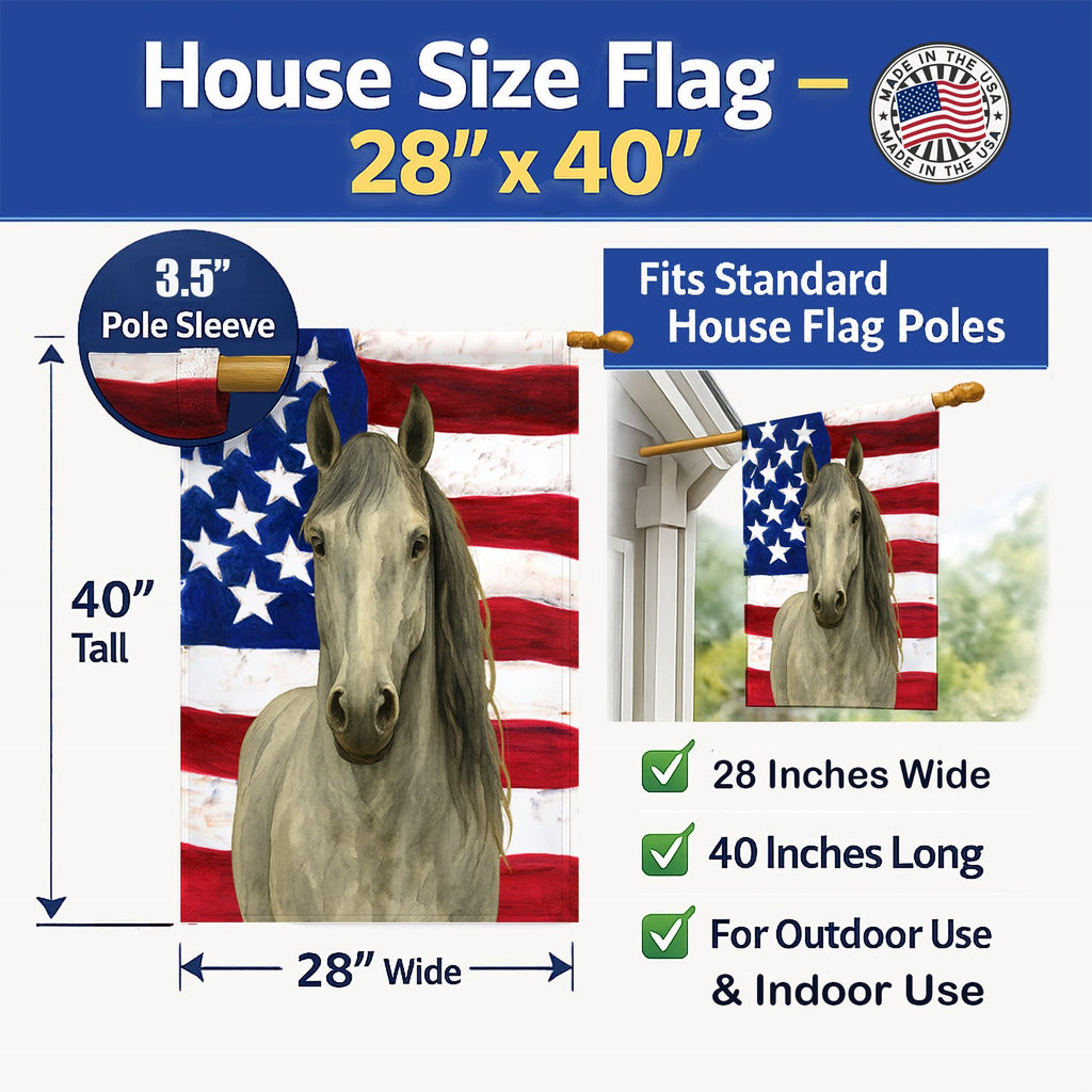 Gray Andalusian Horse American House Flag 28x40 Porch Sleeve Pole Decorative Outside Yard Banner Artwork Wall Hanging, Polyester