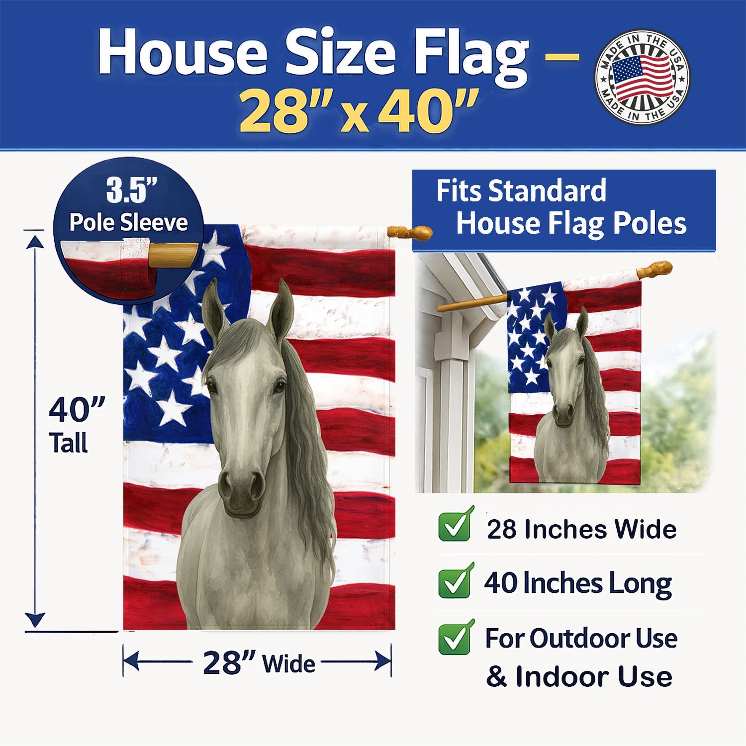 Gray Arabian Horse American House Flag 28x40 Porch Sleeve Pole Decorative Outside Yard Banner Artwork Wall Hanging, Polyester