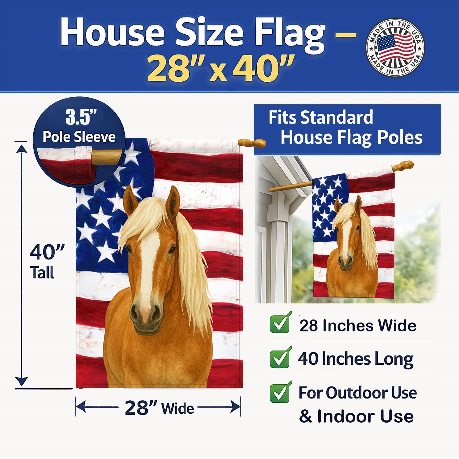 Light Chestnut Arabian Horse American House Flag 28x40 Porch Sleeve Pole Decorative Outside Yard Banner Artwork Wall Hanging, Polyester