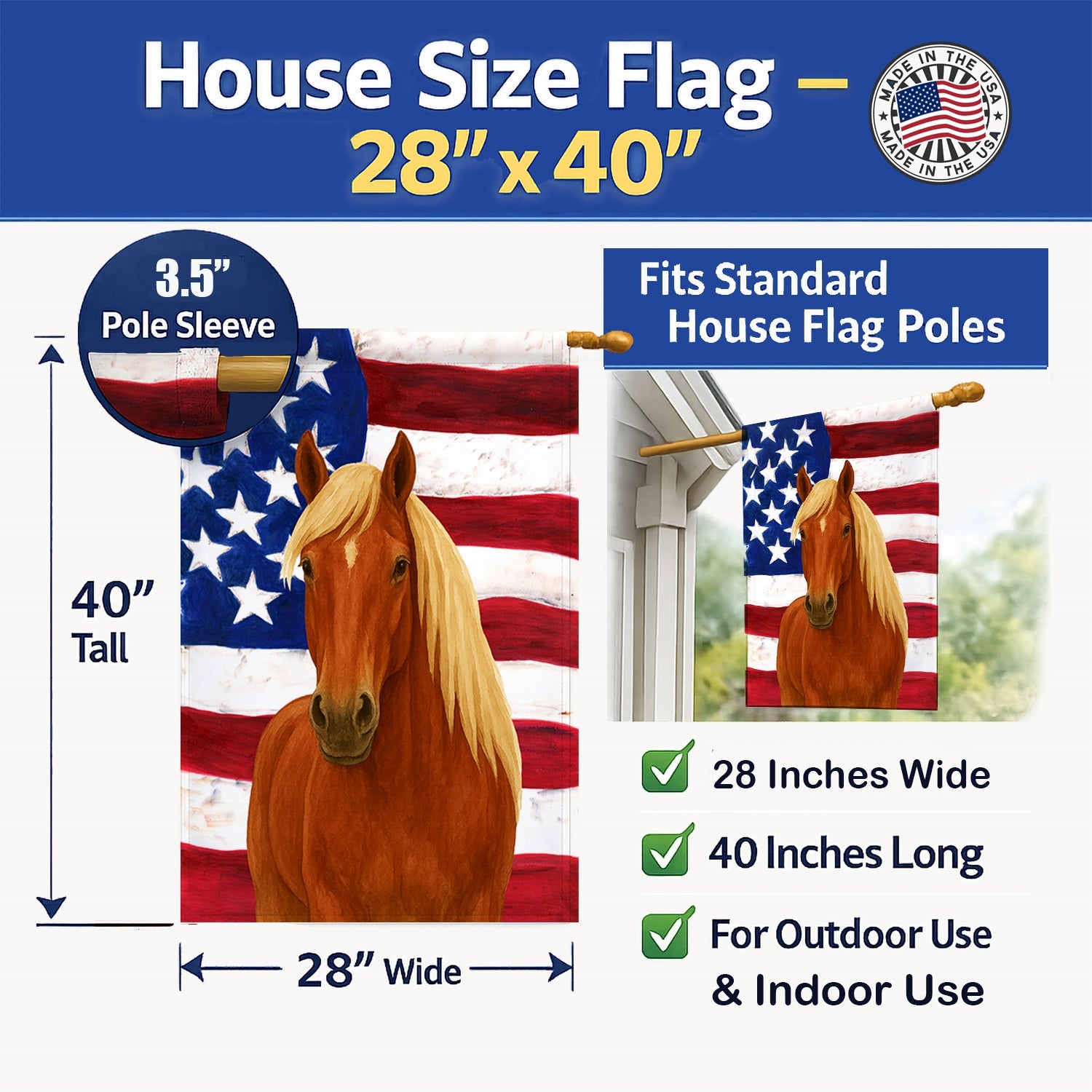 Sorrel Belgian Draft Horse American House Flag 28x40 Porch Sleeve Pole Decorative Outside Yard Banner Artwork Wall Hanging, Polyester