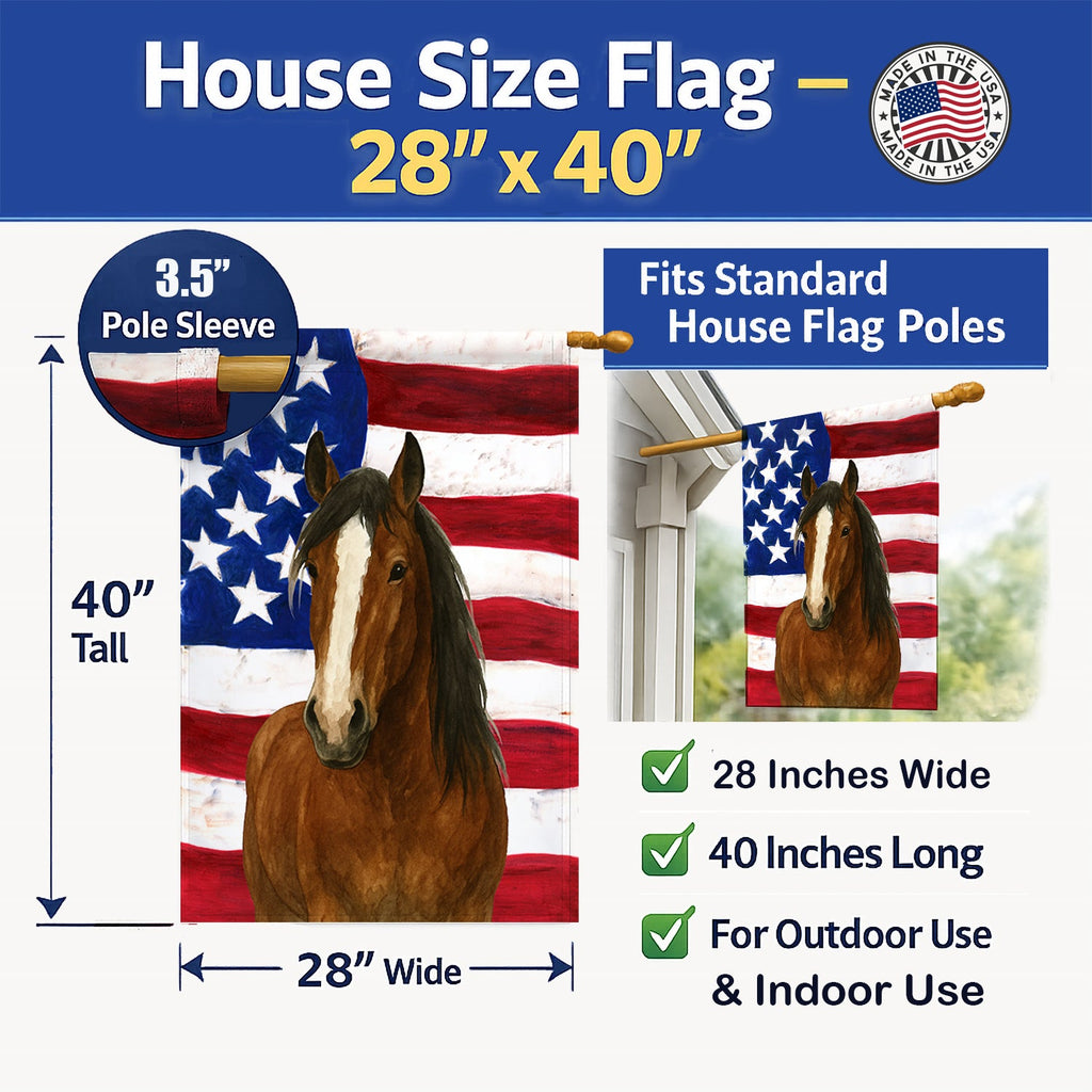 Bay Clydesdale Horse American House Flag 28x40 Porch Sleeve Pole Decorative Outside Yard Banner Artwork Wall Hanging, Polyester