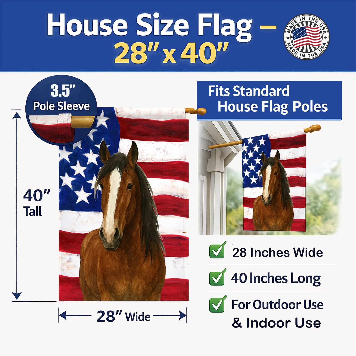 Bay Clydesdale Horse American House Flag 28x40 Porch Sleeve Pole Decorative Outside Yard Banner Artwork Wall Hanging, Polyester