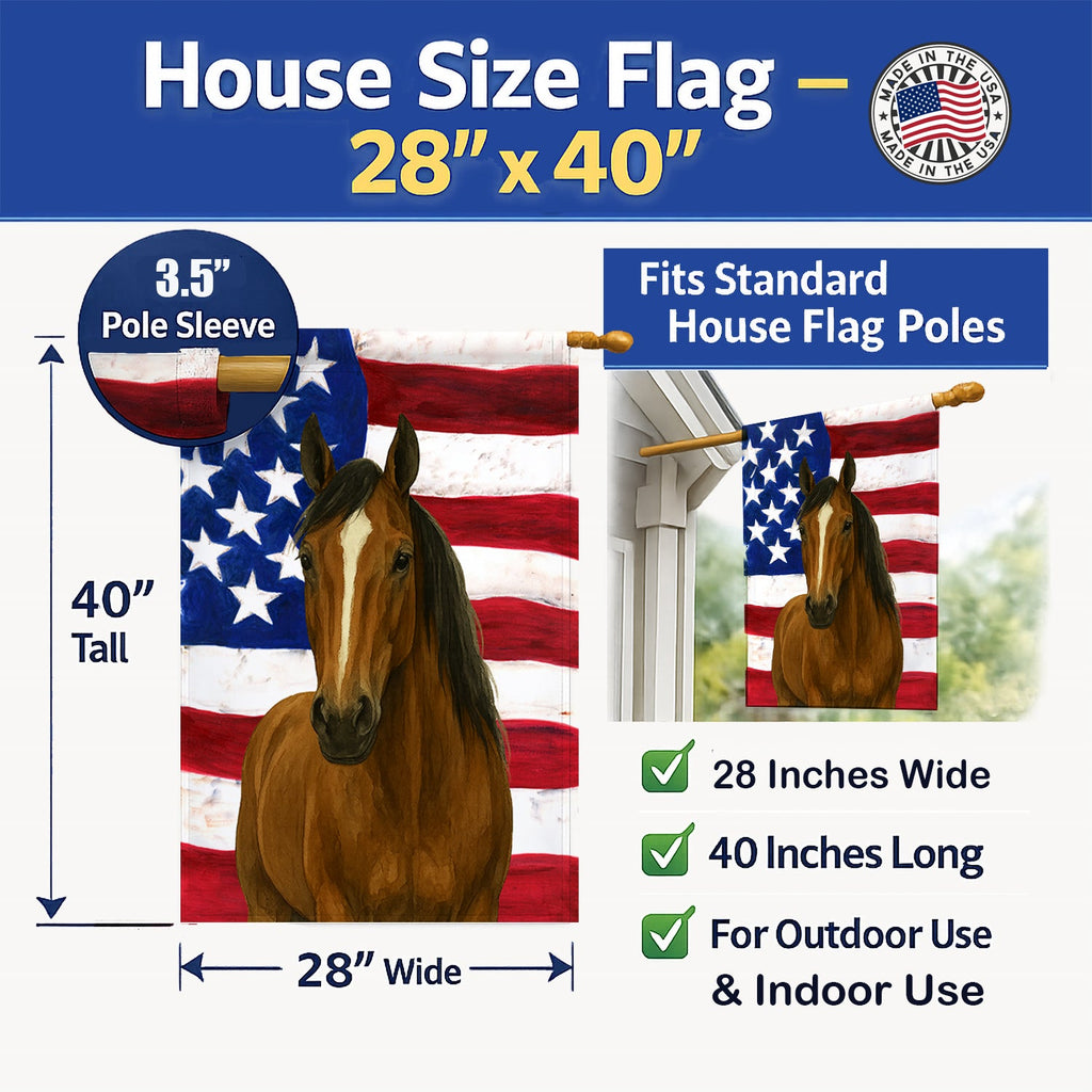 Bay Dutch Warmblood Horse American House Flag 28x40 Porch Sleeve Pole Decorative Outside Yard Banner Artwork Wall Hanging, Polyester