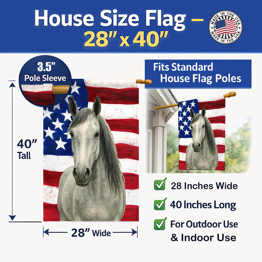 Gray Dutch Warmblood Horse American House Flag 28x40 Porch Sleeve Pole Decorative Outside Yard Banner Artwork Wall Hanging, Polyester