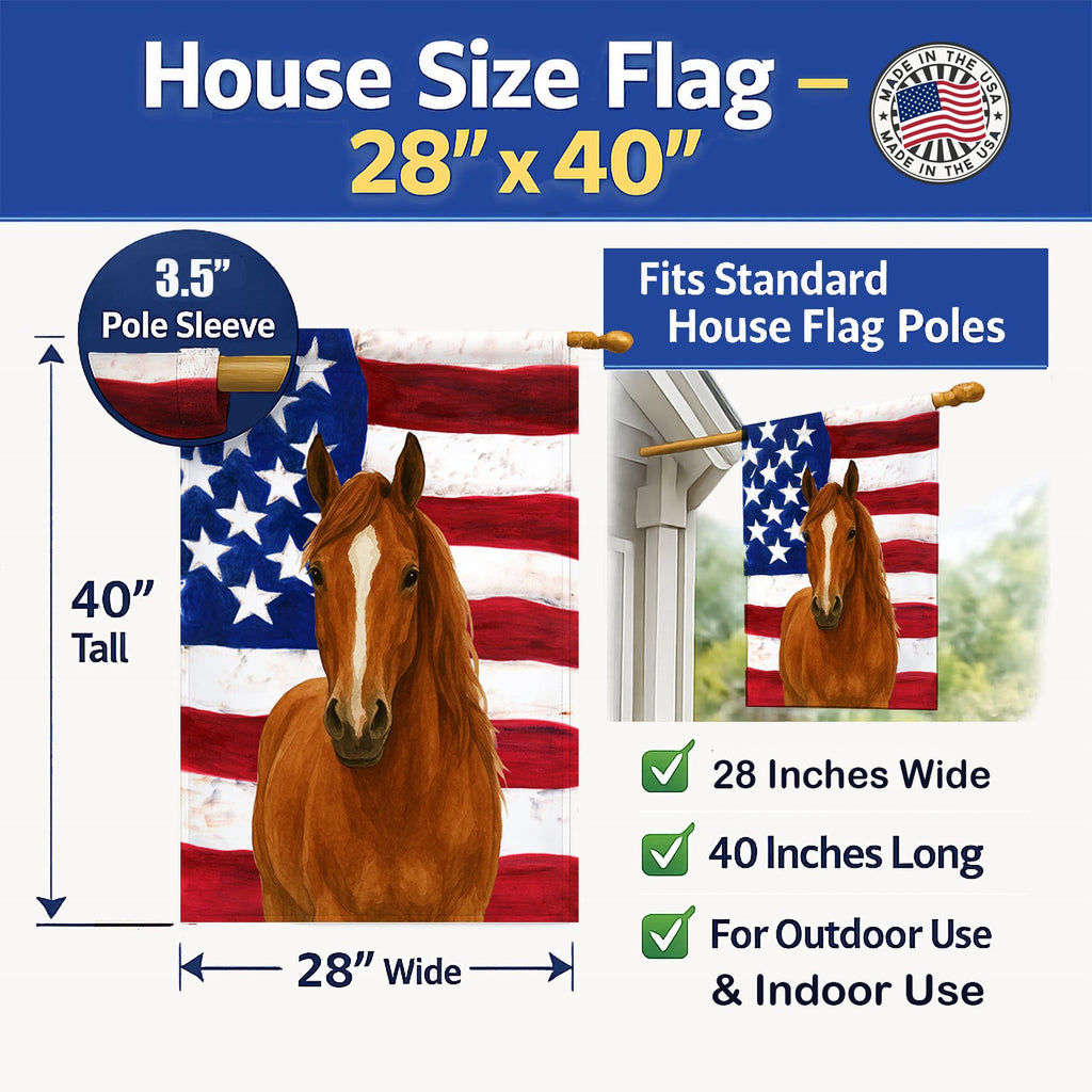 Sorrel Dutch Warmblood Horse American House Flag 28x40 Porch Sleeve Pole Decorative Outside Yard Banner Artwork Wall Hanging, Polyester