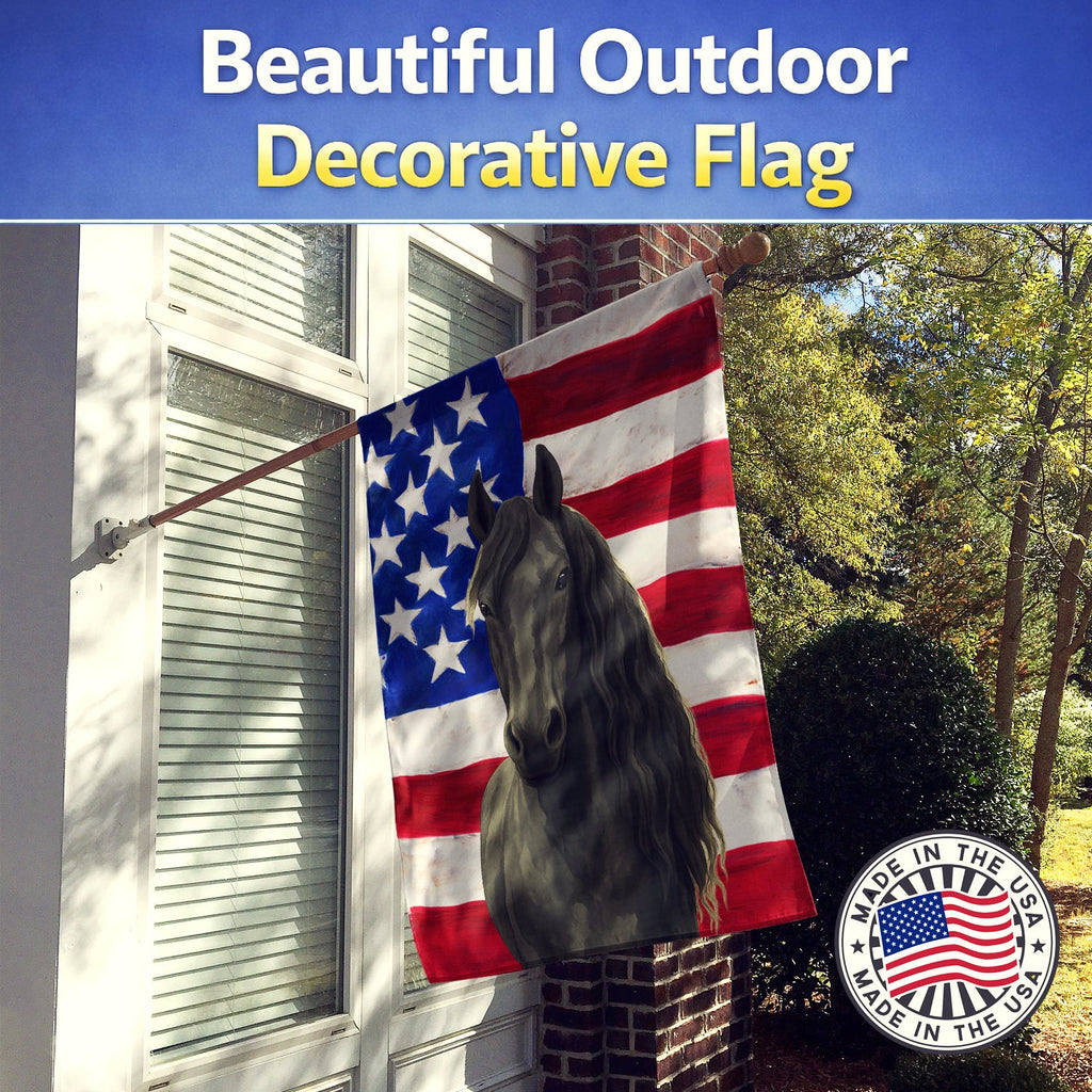 Black Friesian Horse American House Flag 28x40 Porch Sleeve Pole Decorative Outside Yard Banner Artwork Wall Hanging, Polyester