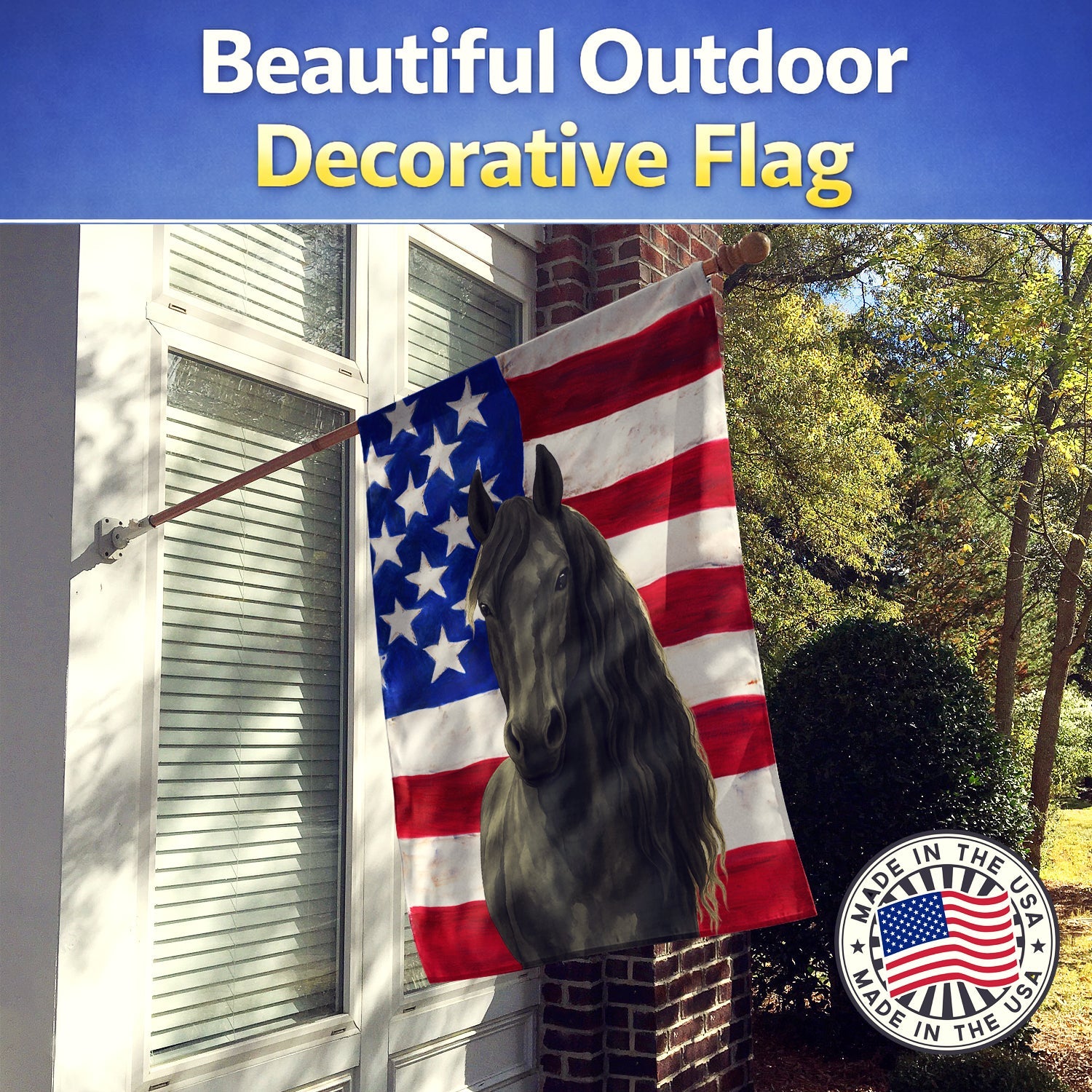 Black Friesian Horse American House Flag 28x40 Porch Sleeve Pole Decorative Outside Yard Banner Artwork Wall Hanging, Polyester