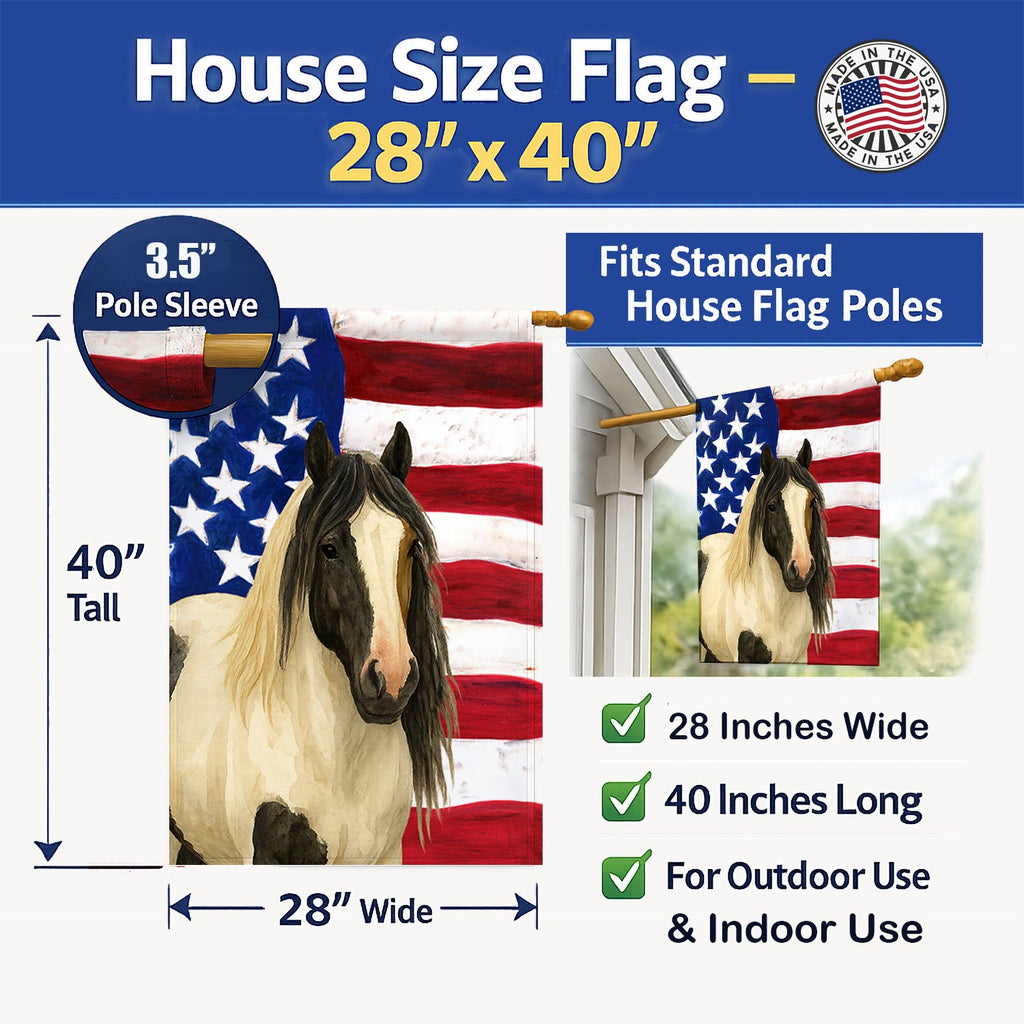 Piebald Gypsy Vanner Horse American House Flag 28x40 Porch Sleeve Pole Decorative Outside Yard Banner Artwork Wall Hanging, Polyester