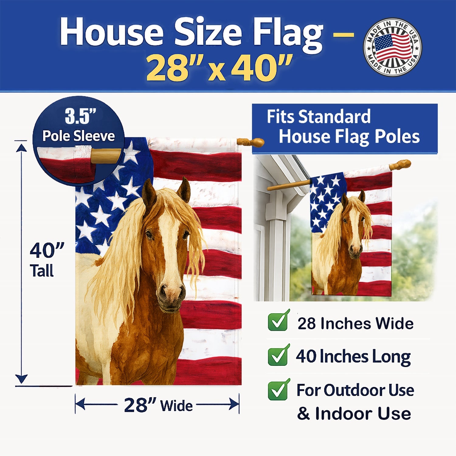 Skewbald Gypsy Vanner Horse American House Flag 28x40 Porch Sleeve Pole Decorative Outside Yard Banner Artwork Wall Hanging, Polyester