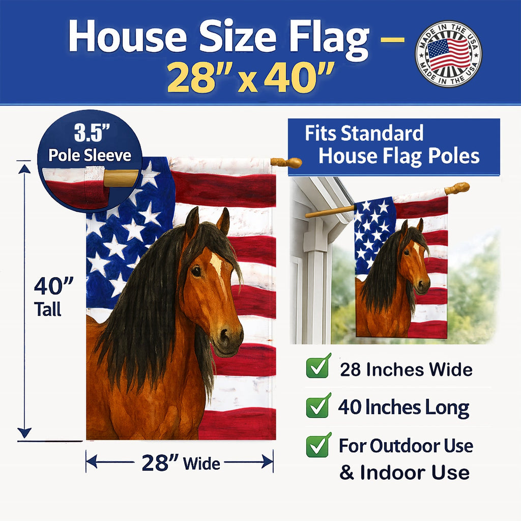 Bay Gypsy Vanner Horse American House Flag 28x40 Porch Sleeve Pole Decorative Outside Yard Banner Artwork Wall Hanging, Polyester