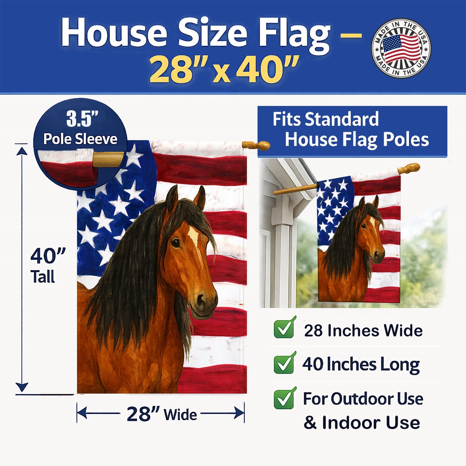 Bay Gypsy Vanner Horse American House Flag 28x40 Porch Sleeve Pole Decorative Outside Yard Banner Artwork Wall Hanging, Polyester