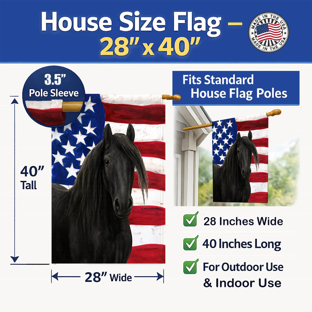 Black Gypsy Vanner Horse American House Flag 28x40 Porch Sleeve Pole Decorative Outside Yard Banner Artwork Wall Hanging, Polyester