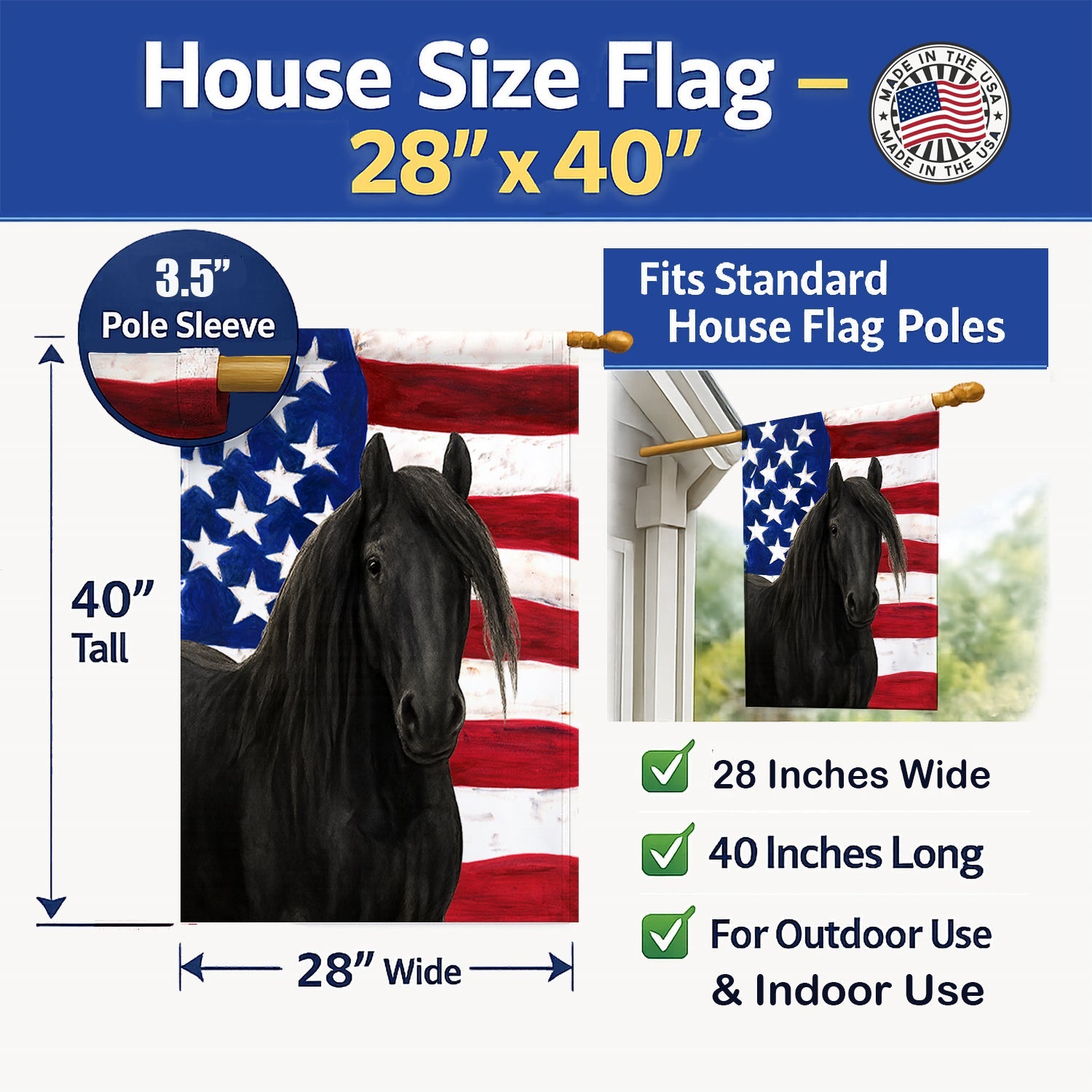 Black Gypsy Vanner Horse American House Flag 28x40 Porch Sleeve Pole Decorative Outside Yard Banner Artwork Wall Hanging, Polyester