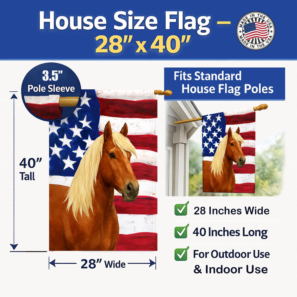 Chestnut Gypsy Vanner Horse with Flaxen Mane American House Flag 28x40 Porch Sleeve Pole Decorative Outside Yard Banner Artwork Wall Hanging, Polyester