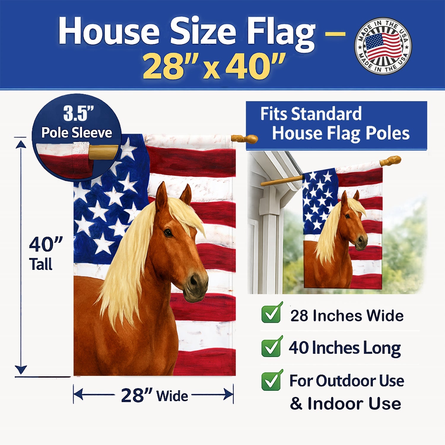 Chestnut Gypsy Vanner Horse with Flaxen Mane American House Flag 28x40 Porch Sleeve Pole Decorative Outside Yard Banner Artwork Wall Hanging, Polyester