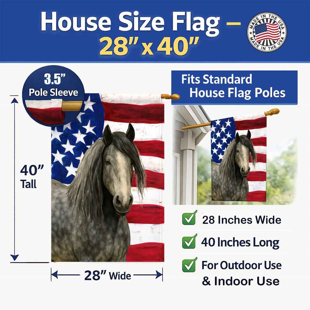 Dapple Gray Gypsy Vanner Horse American House Flag 28x40 Porch Sleeve Pole Decorative Outside Yard Banner Artwork Wall Hanging, Polyester