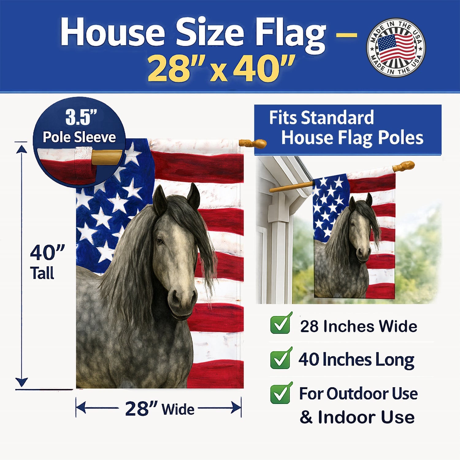 Dapple Gray Gypsy Vanner Horse American House Flag 28x40 Porch Sleeve Pole Decorative Outside Yard Banner Artwork Wall Hanging, Polyester