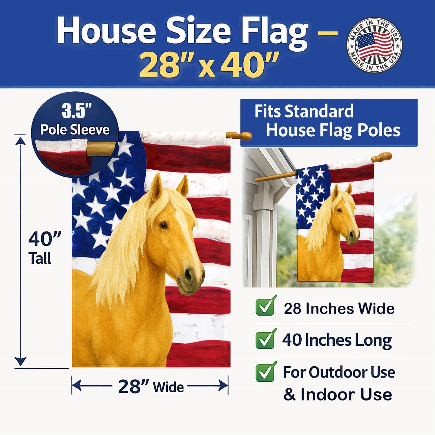 Palomino Gypsy Vanner Horse American House Flag 28x40 Porch Sleeve Pole Decorative Outside Yard Banner Artwork Wall Hanging, Polyester