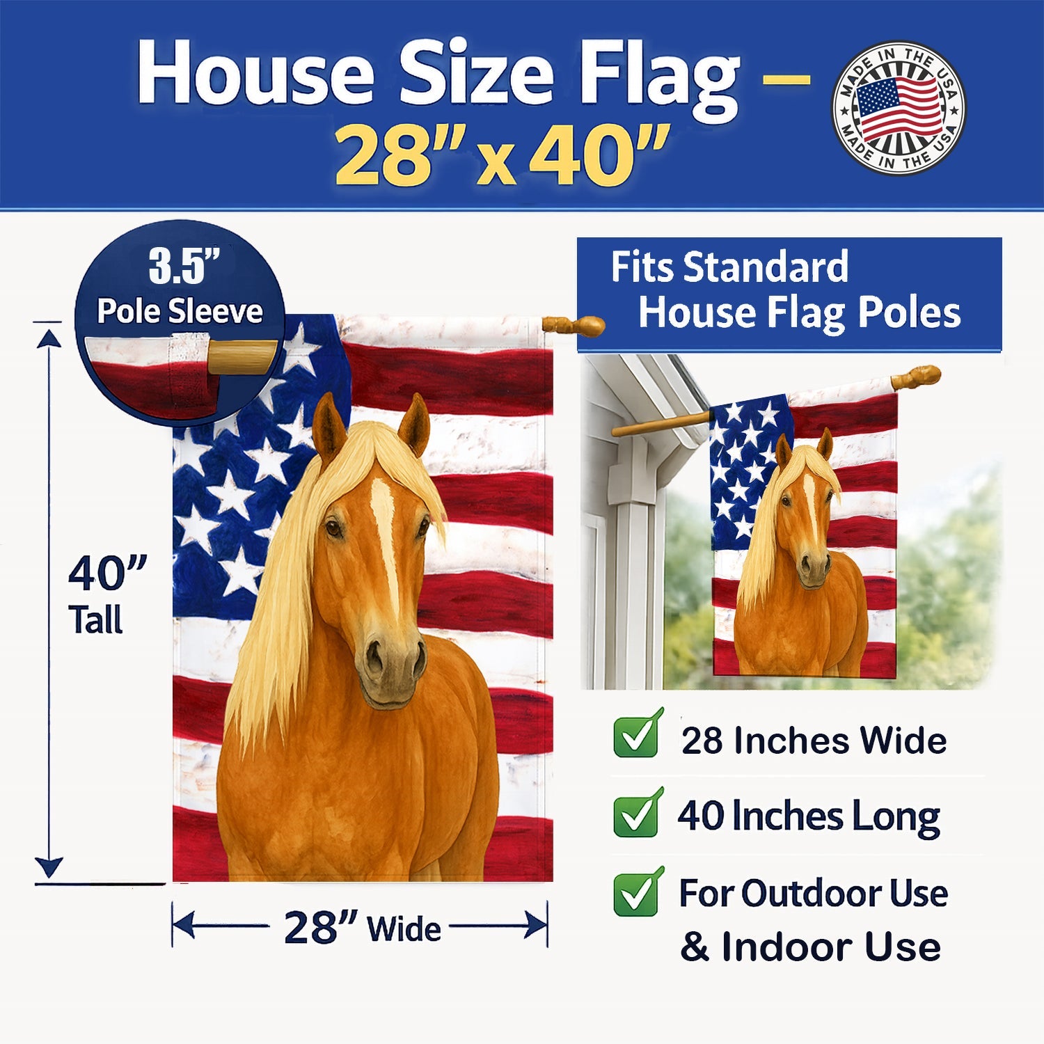 Chestnut Haflinger Horse with Flaxen Mane American House Flag 28x40 Porch Sleeve Pole Decorative Outside Yard Banner Artwork Wall Hanging, Polyester