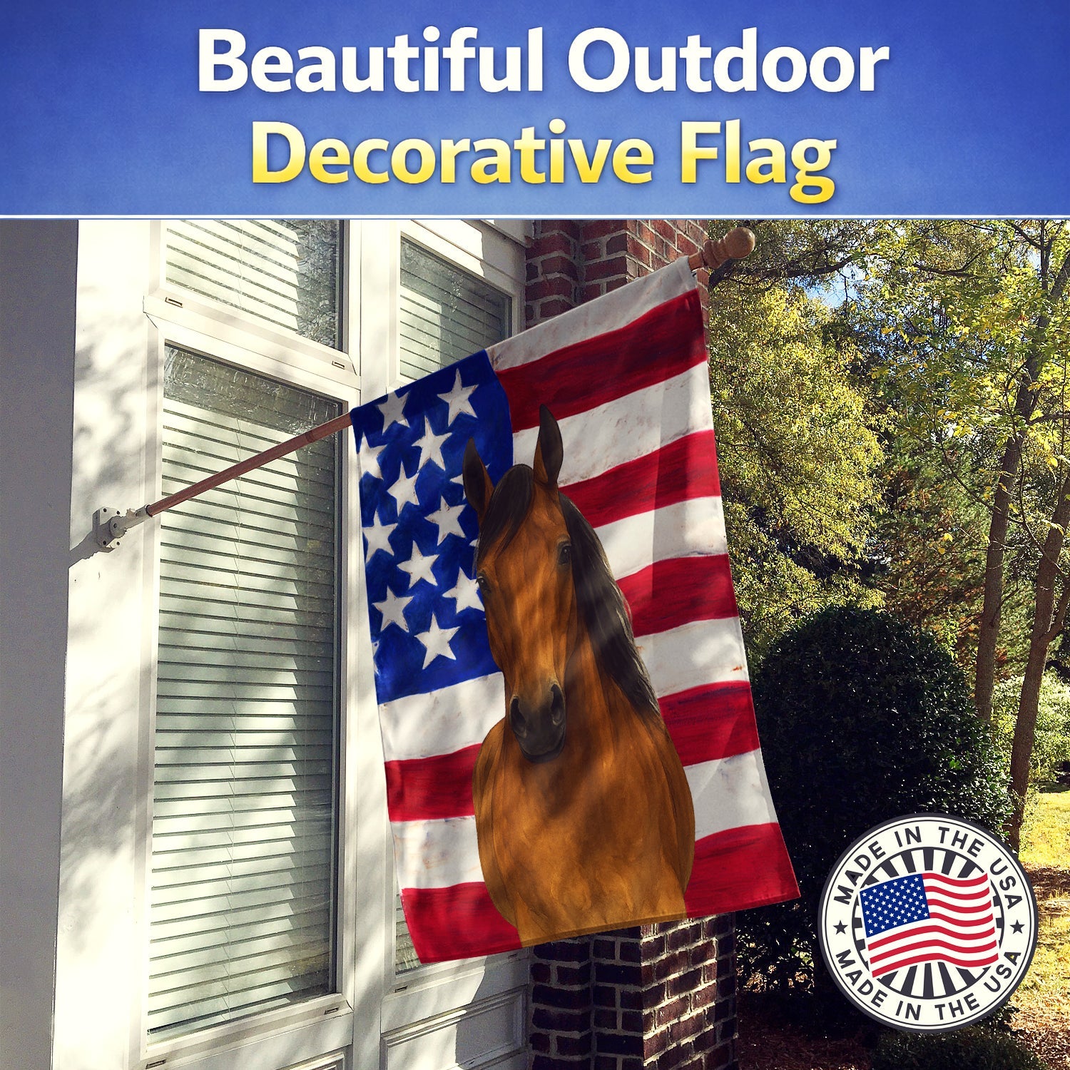 Bay Hanoverian Horse American House Flag 28x40 Porch Sleeve Pole Decorative Outside Yard Banner Artwork Wall Hanging, Polyester