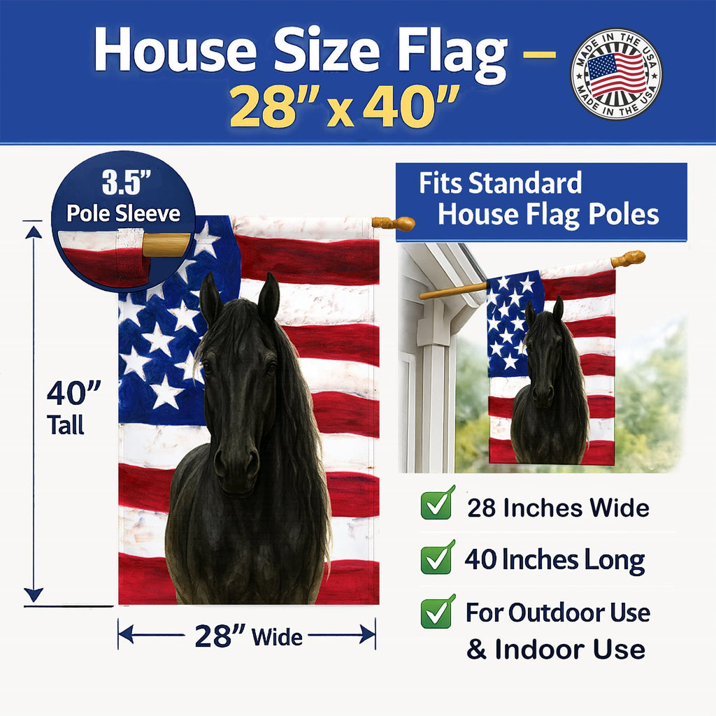 Black Hanoverian Horse American House Flag 28x40 Porch Sleeve Pole Decorative Outside Yard Banner Artwork Wall Hanging, Polyester