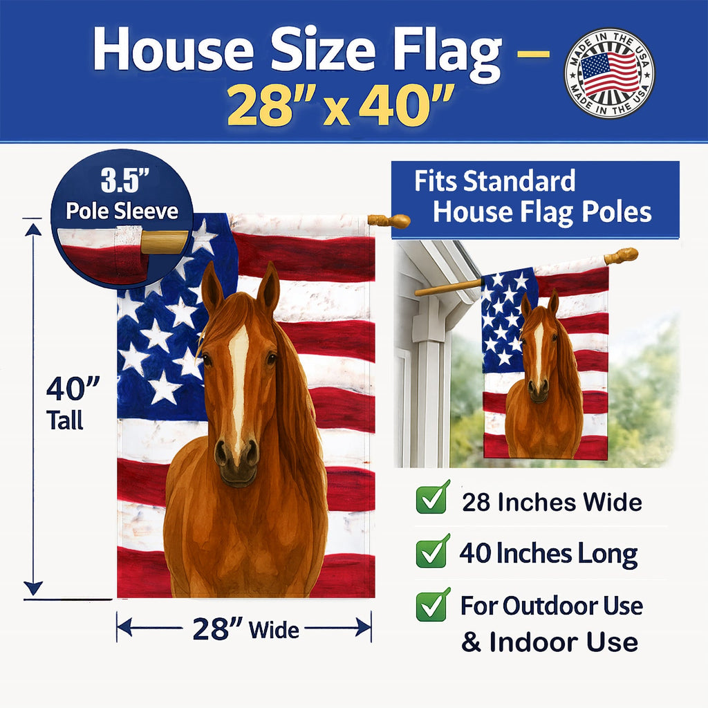 Chestnut Hanoverian Horse American House Flag 28x40 Porch Sleeve Pole Decorative Outside Yard Banner Artwork Wall Hanging, Polyester