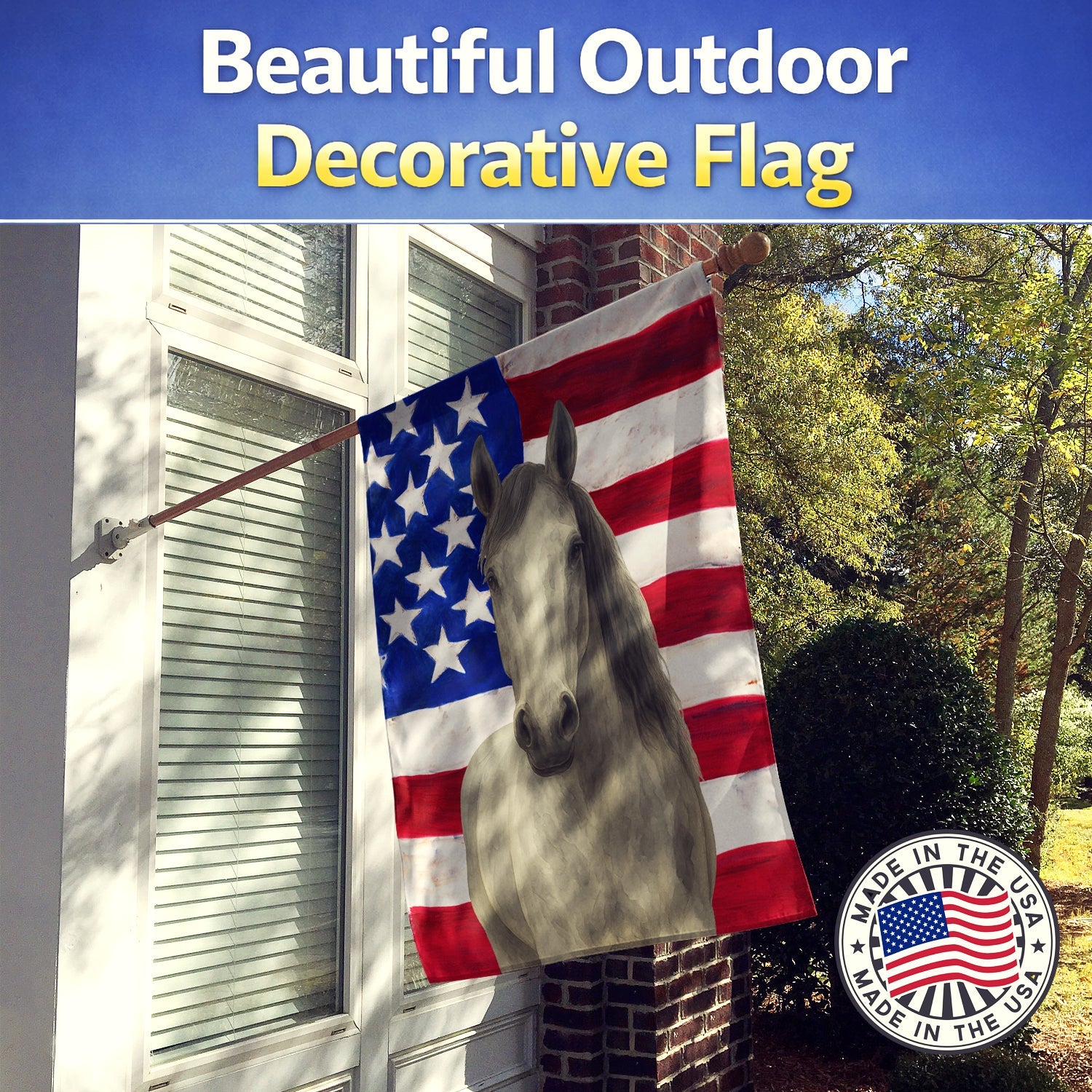 Gray Hanoverian Horse American House Flag 28x40 Porch Sleeve Pole Decorative Outside Yard Banner Artwork Wall Hanging, Polyester