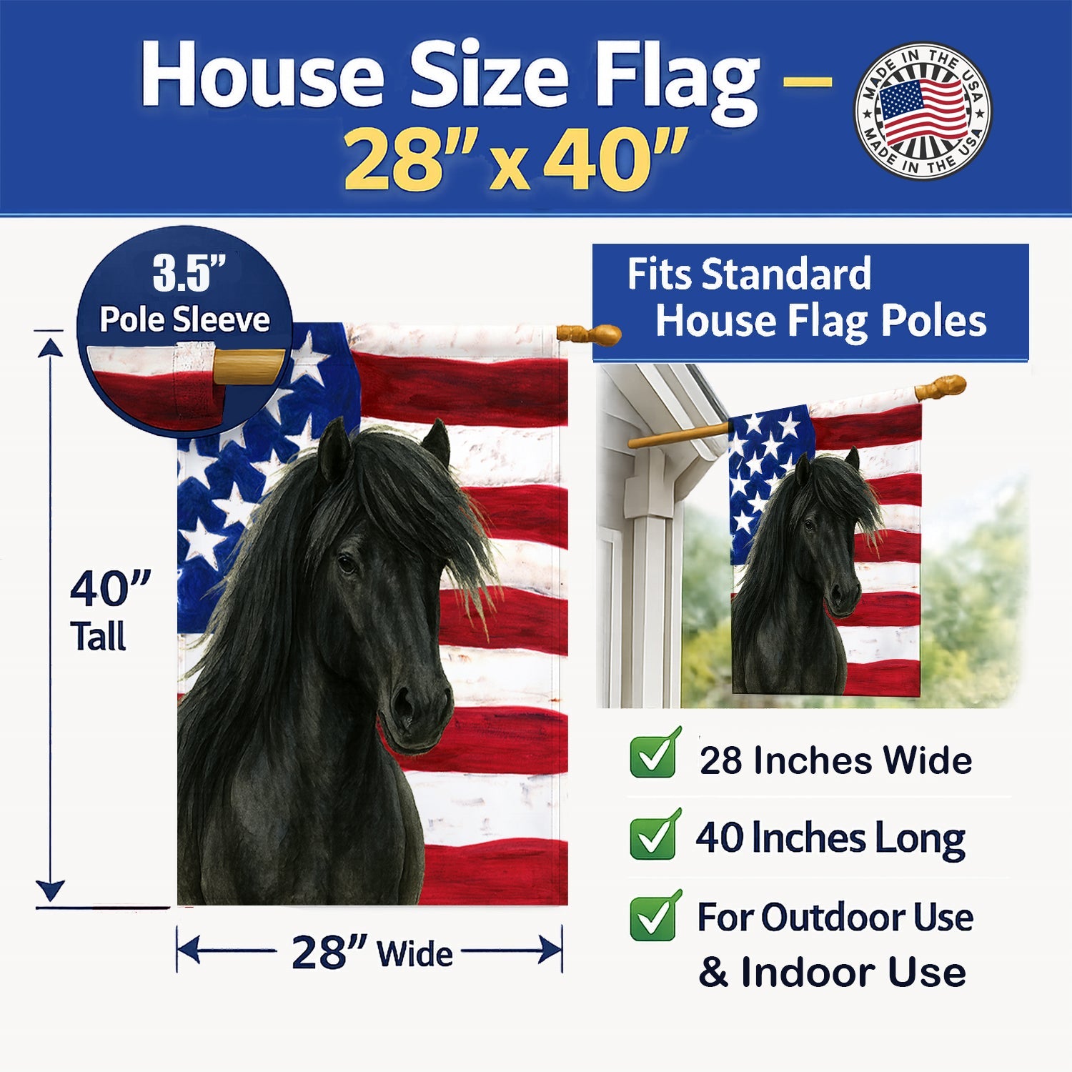 Black Icelandic Horse American House Flag 28x40 Porch Sleeve Pole Decorative Outside Yard Banner Artwork Wall Hanging, Polyester