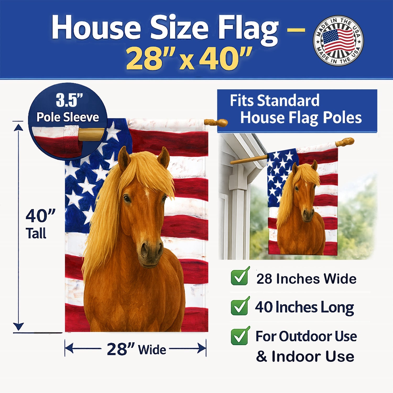 Chestnut Icelandic Horse with Flaxen Mane American House Flag 28x40 Porch Sleeve Pole Decorative Outside Yard Banner Artwork Wall Hanging, Polyester